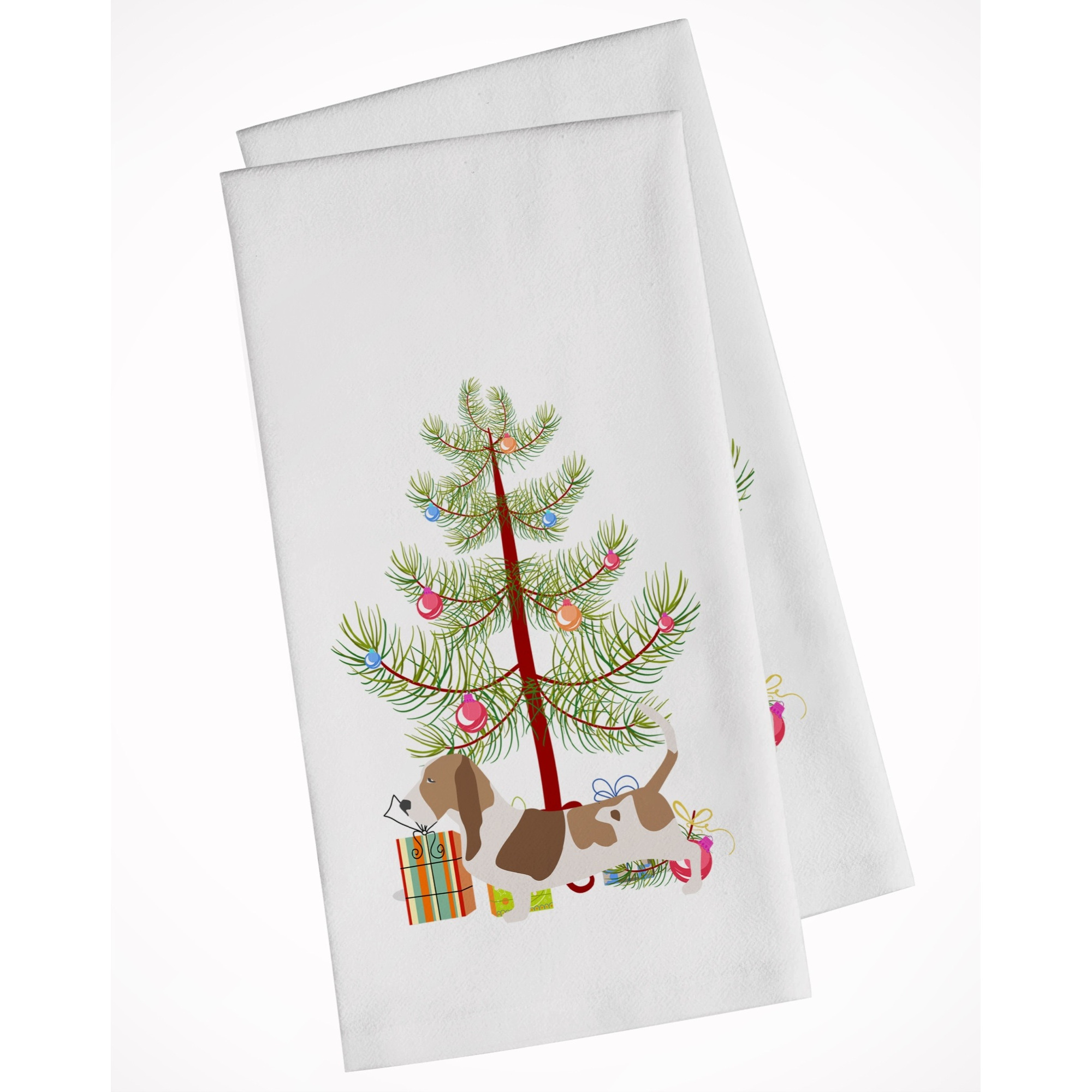 Basset Hound Merry Christmas Tree White Kitchen Towel Set of 2