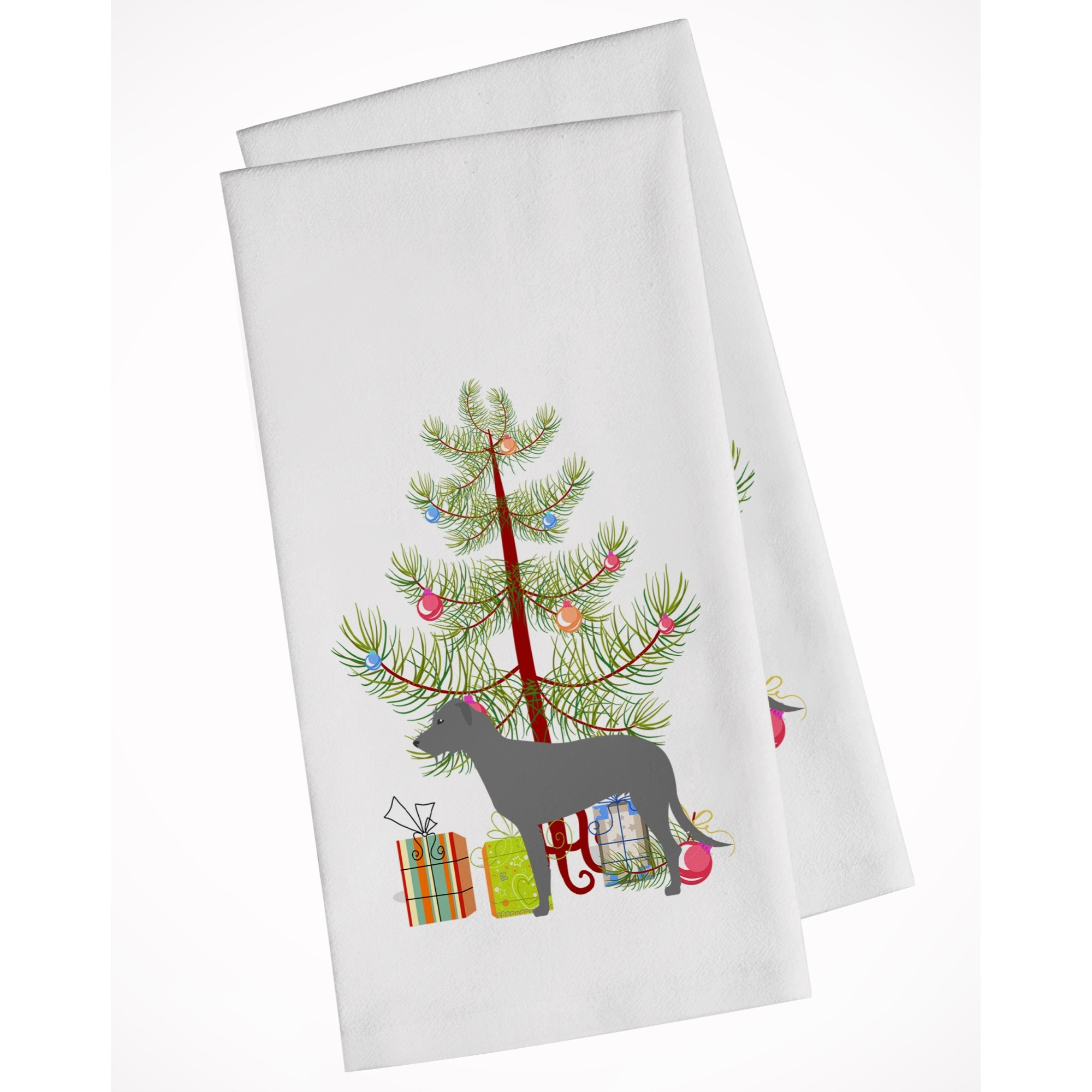 Irish Wolfhound Merry Christmas Tree White Kitchen Towel Set of 2