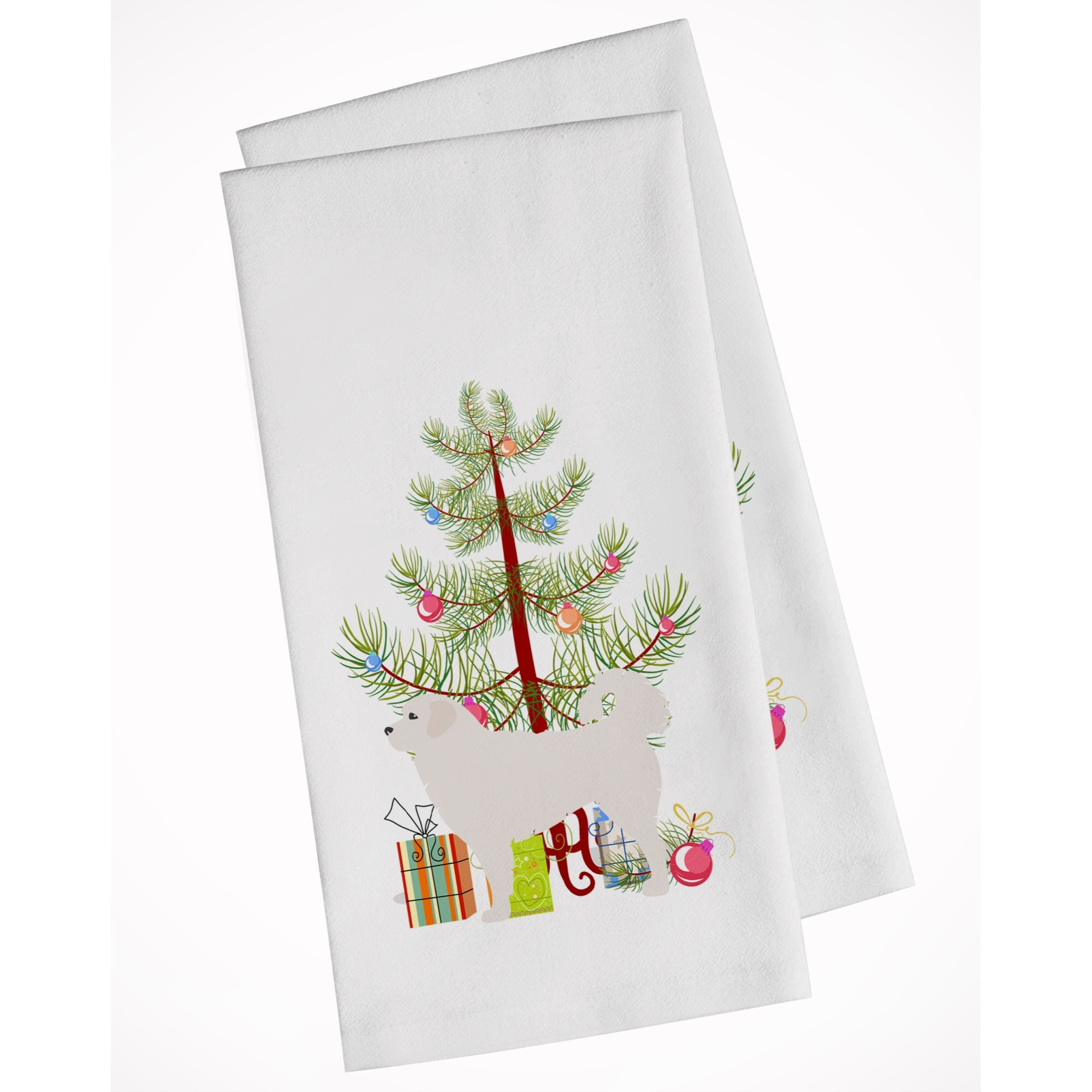 Polish Tatra Sheepdog Merry Christmas Tree White Kitchen Towel Set of 2