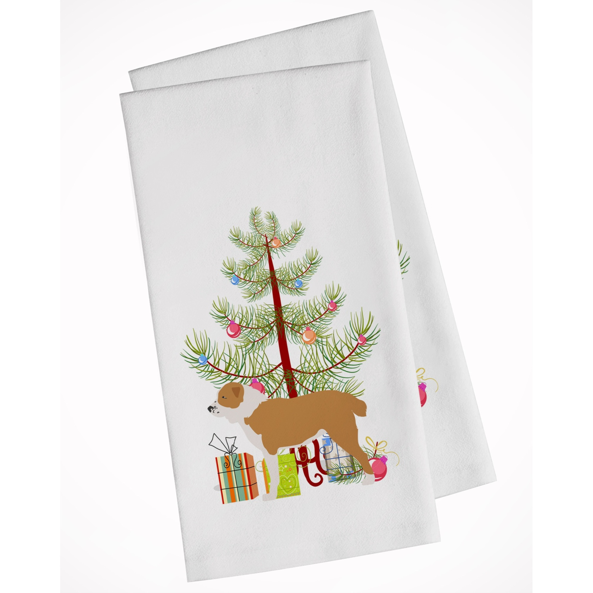 Central Asian Shepherd Dog Merry Christmas Tree White Kitchen Towel Set of 2