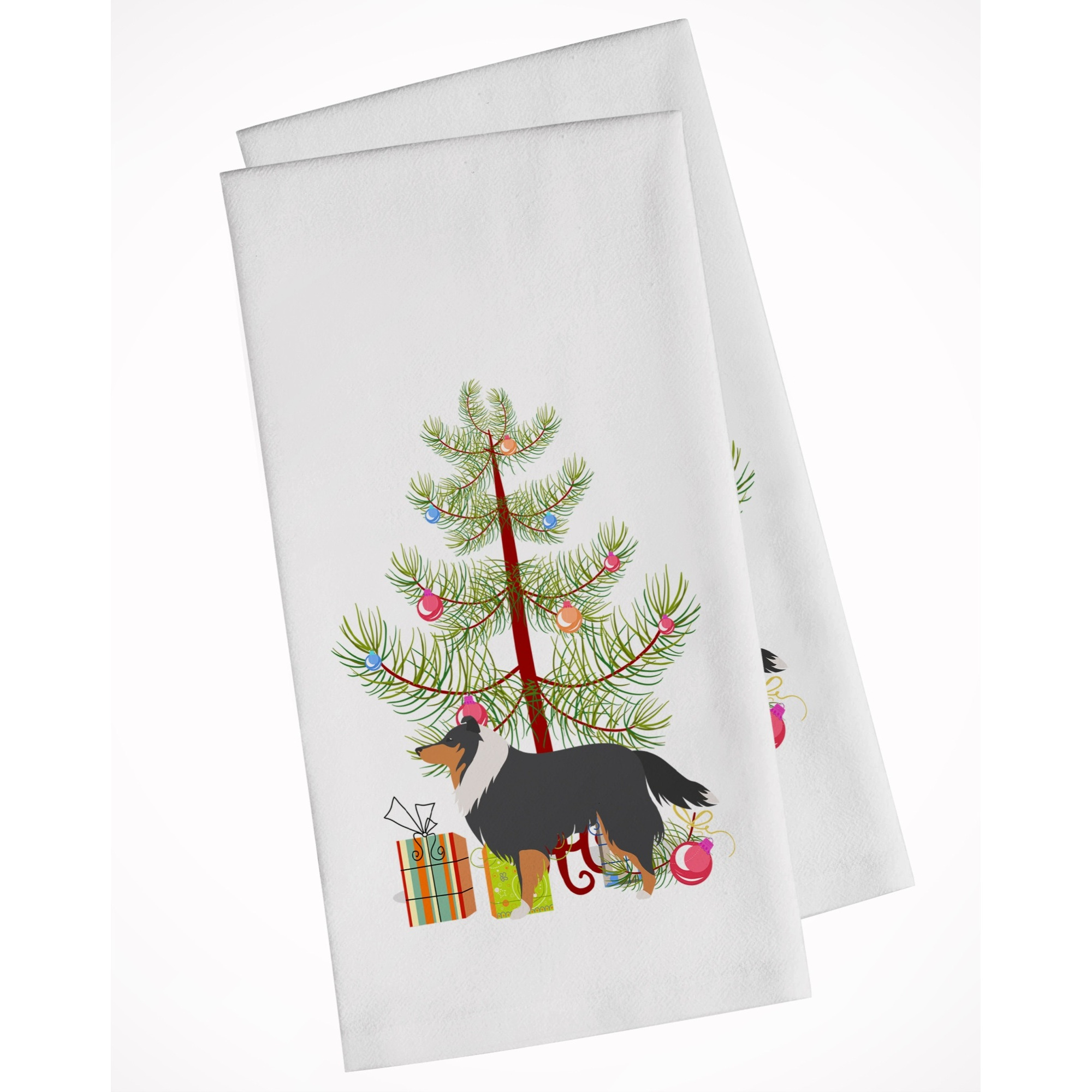 Sheltie/Shetland Sheepdog Merry Christmas Tree White Kitchen Towel Set of 2