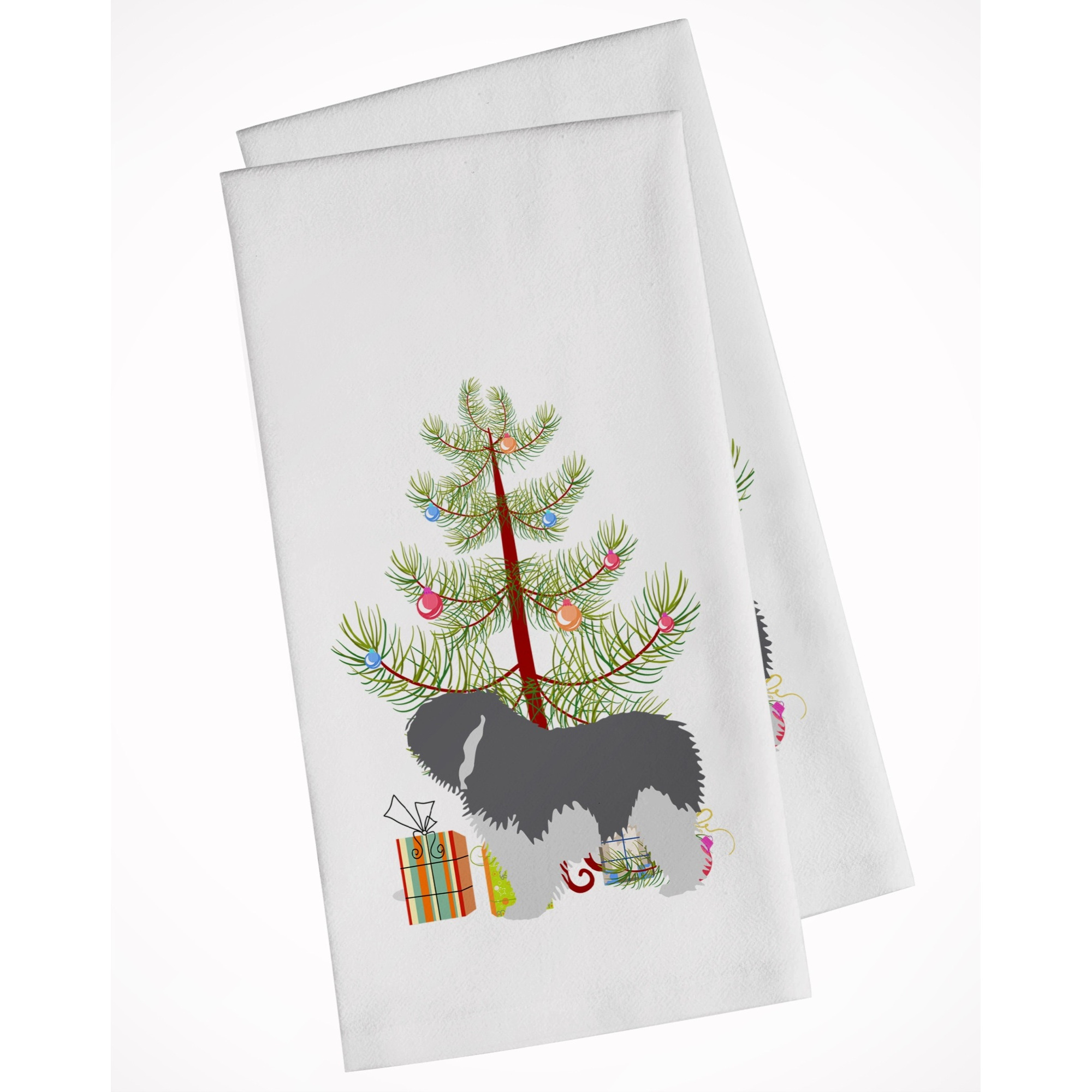 Polish Lowland Sheepdog Dog Merry Christmas Tree White Kitchen Towel Set of 2