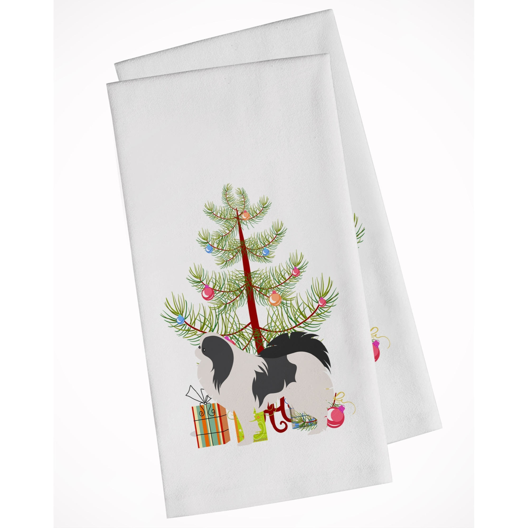 Japanese Chin Merry Christmas Tree White Kitchen Towel Set of 2