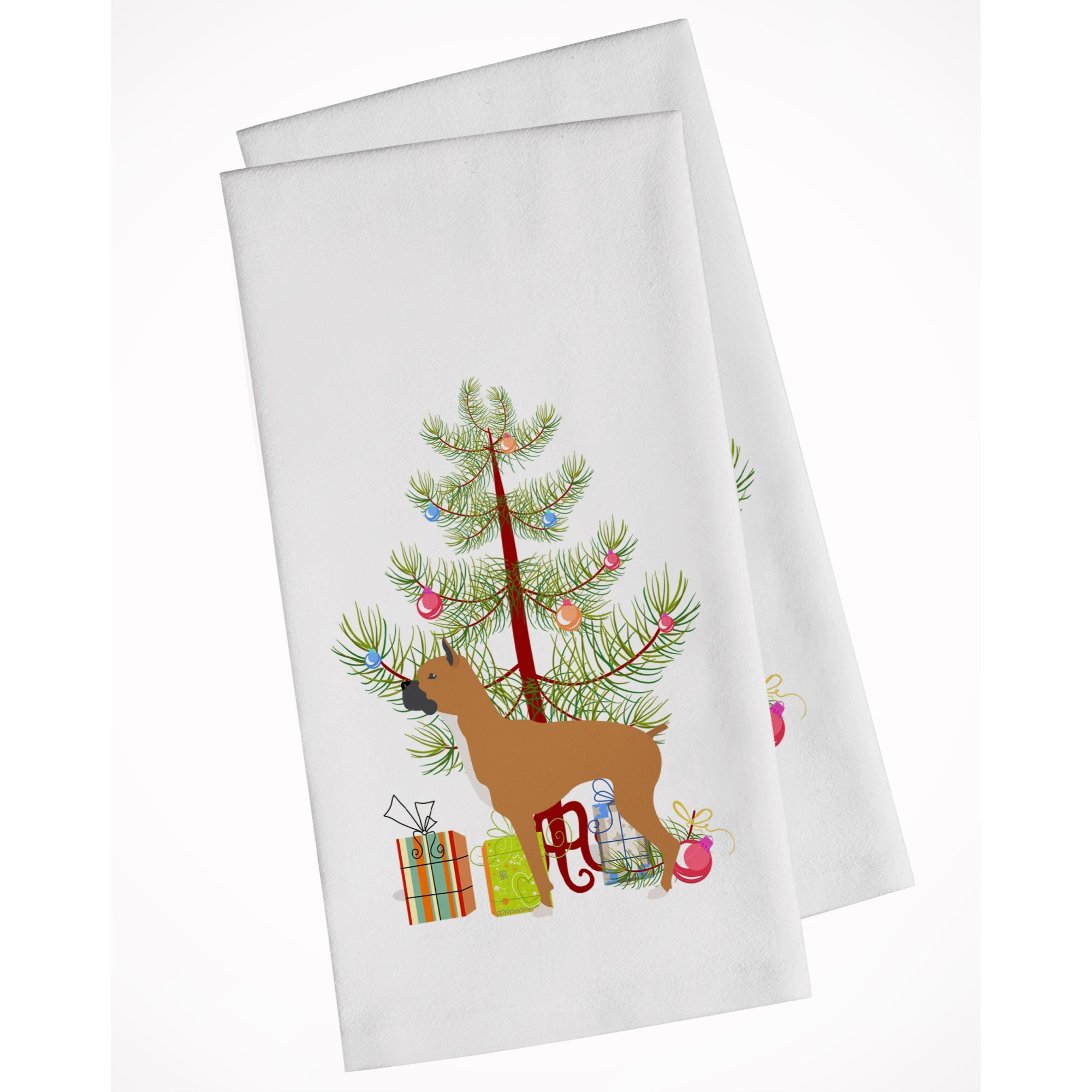 Boxer Merry Christmas Tree White Kitchen Towel Set of 2