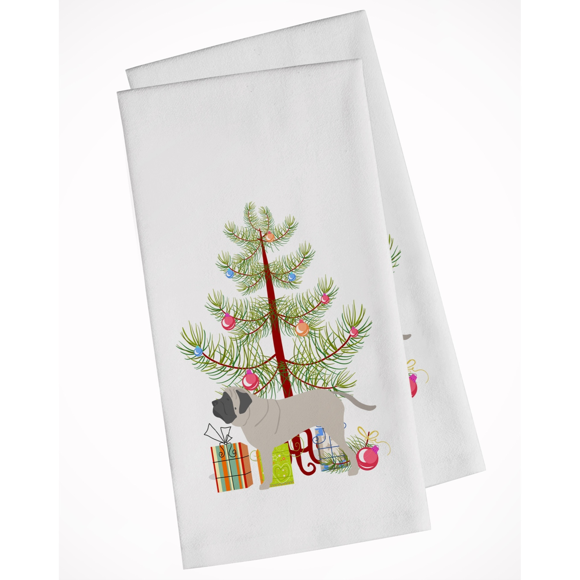 English Mastiff Merry Christmas Tree White Kitchen Towel Set of 2