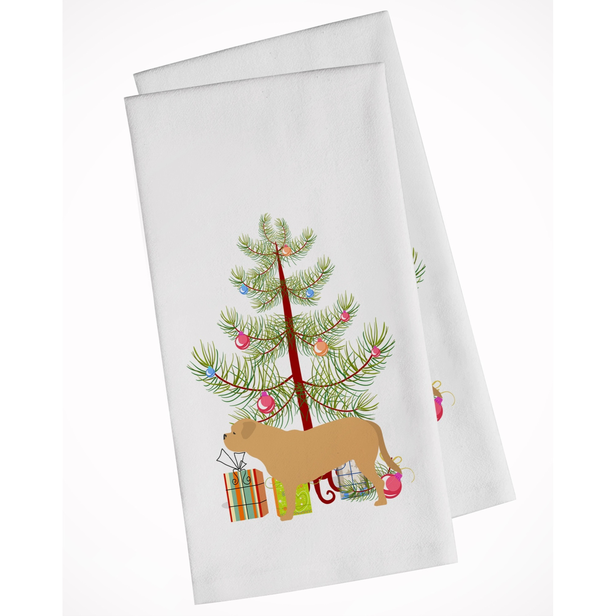 Dogue de Bordeaux Merry Christmas Tree White Kitchen Towel Set of 2