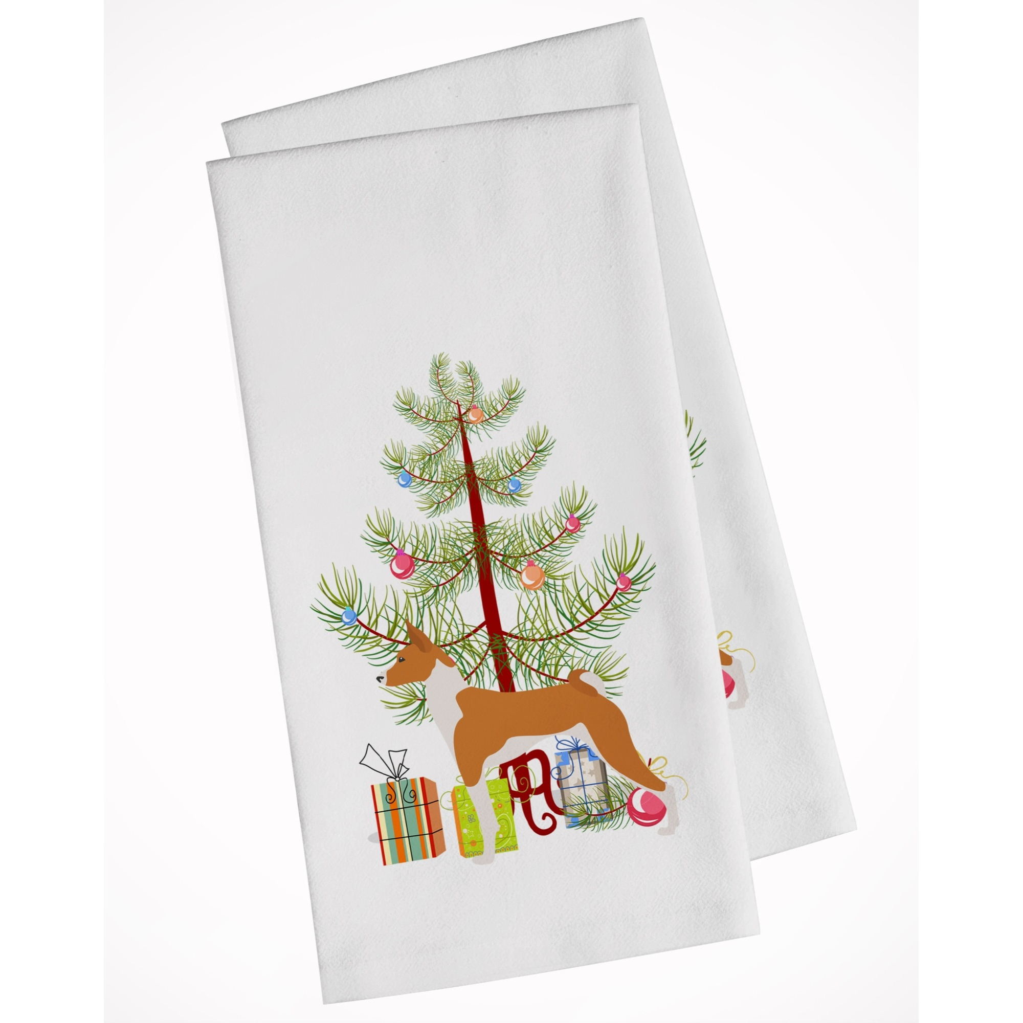 Basenji Merry Christmas Tree White Kitchen Towel Set of 2