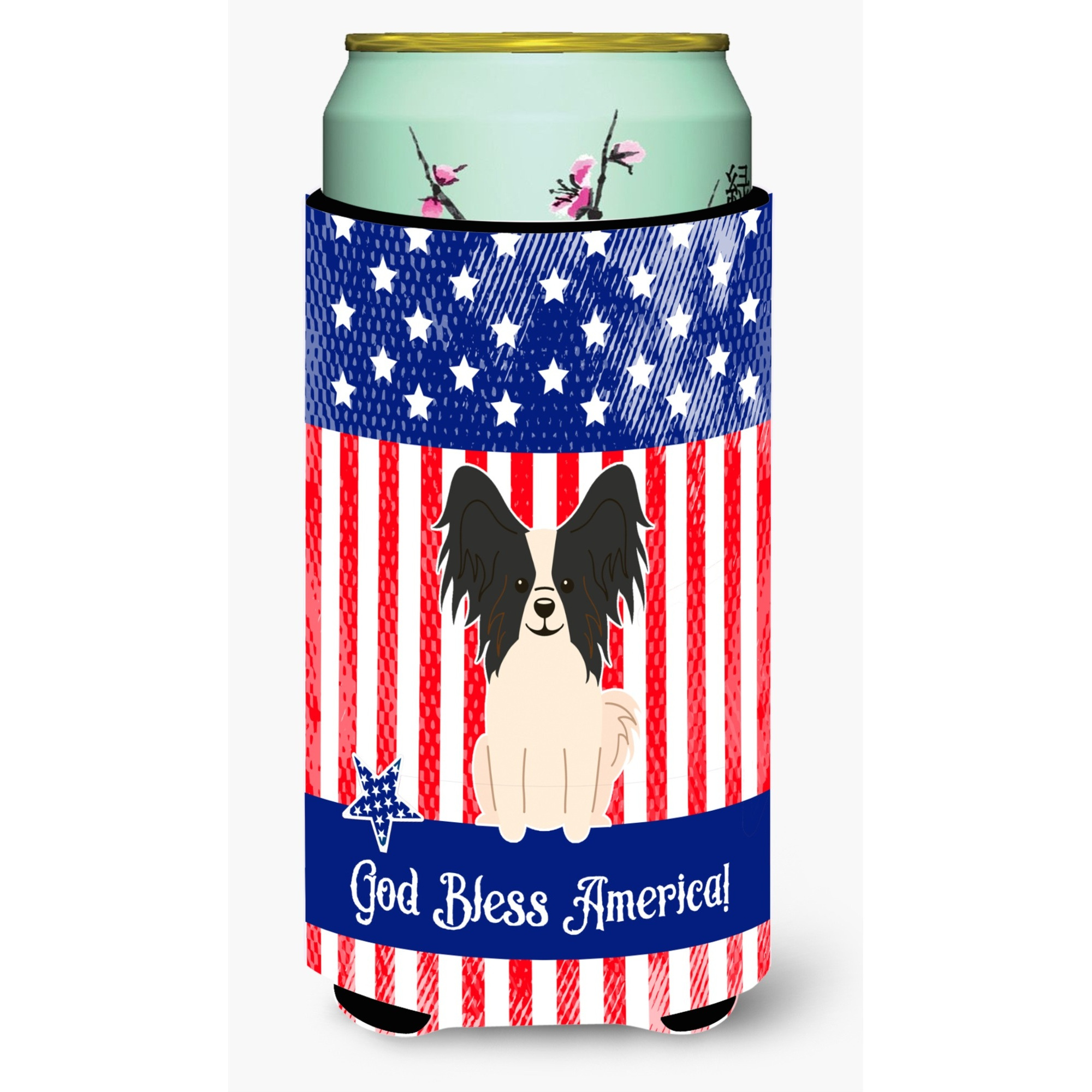 &quotCaroline's Treasures BB3071TBC Patriotic USA Papillon Black White Tall Boy Hugger cold-beverage-koozies, Multicolor"