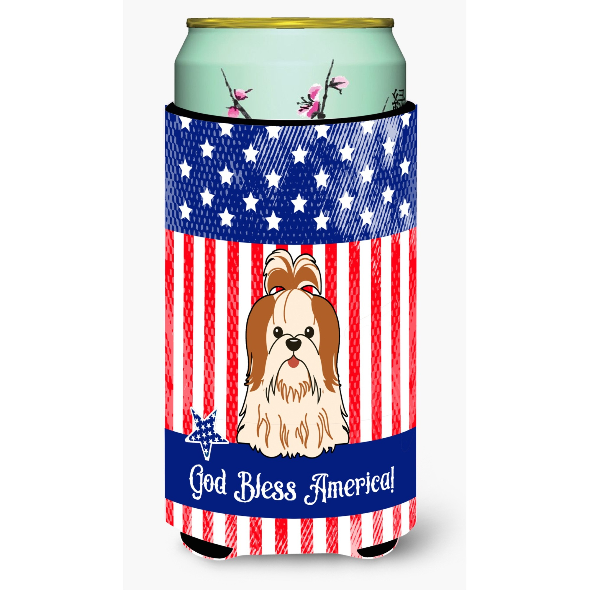 &quotCaroline's Treasures BB3082TBC Patriotic USA Shih Tzu Red White Tall Boy Hugger cold-beverage-koozies, Multicolor"