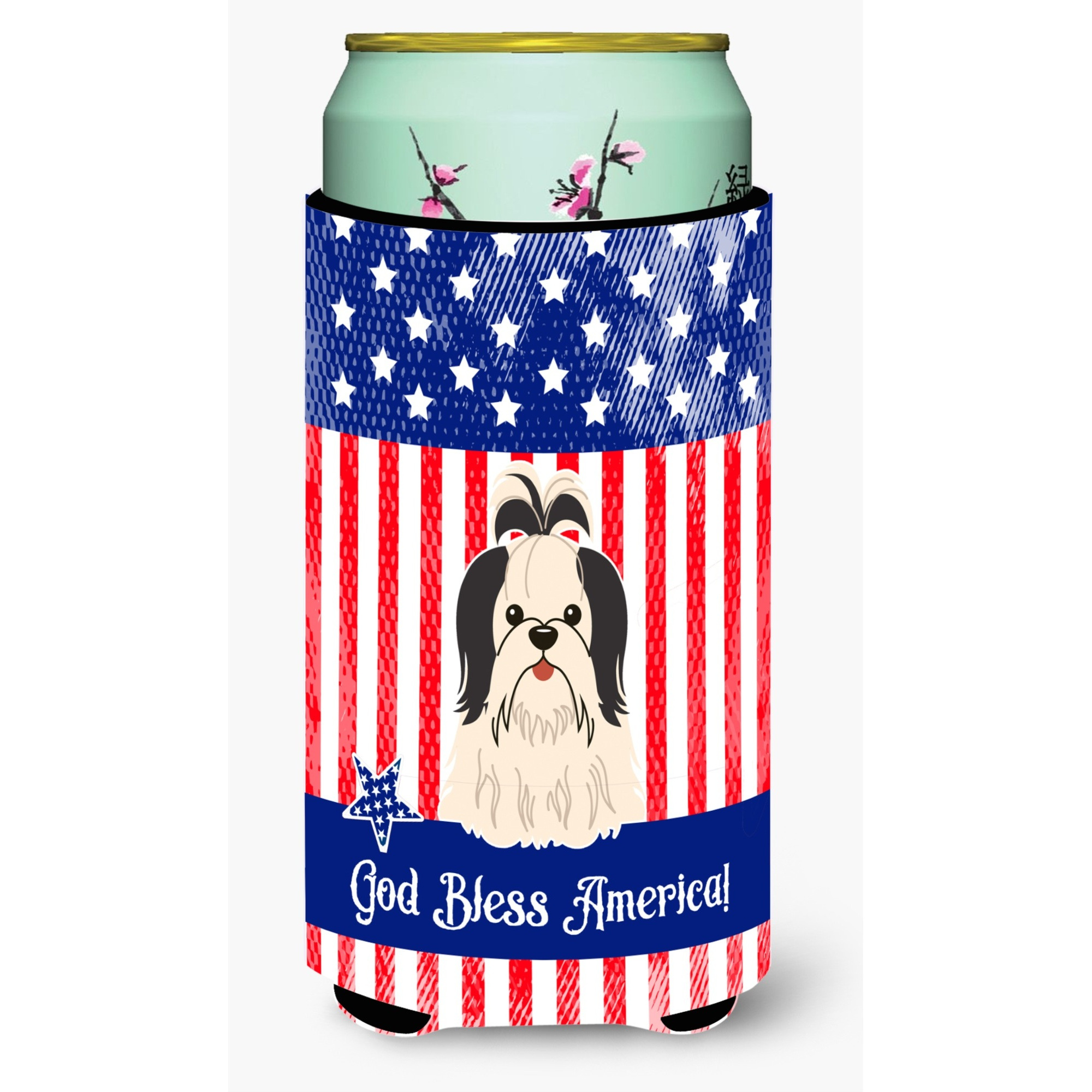 &quotCaroline's Treasures BB3083TBC Patriotic USA Shih Tzu Black White Tall Boy Hugger cold-beverage-koozies, Multicolor"