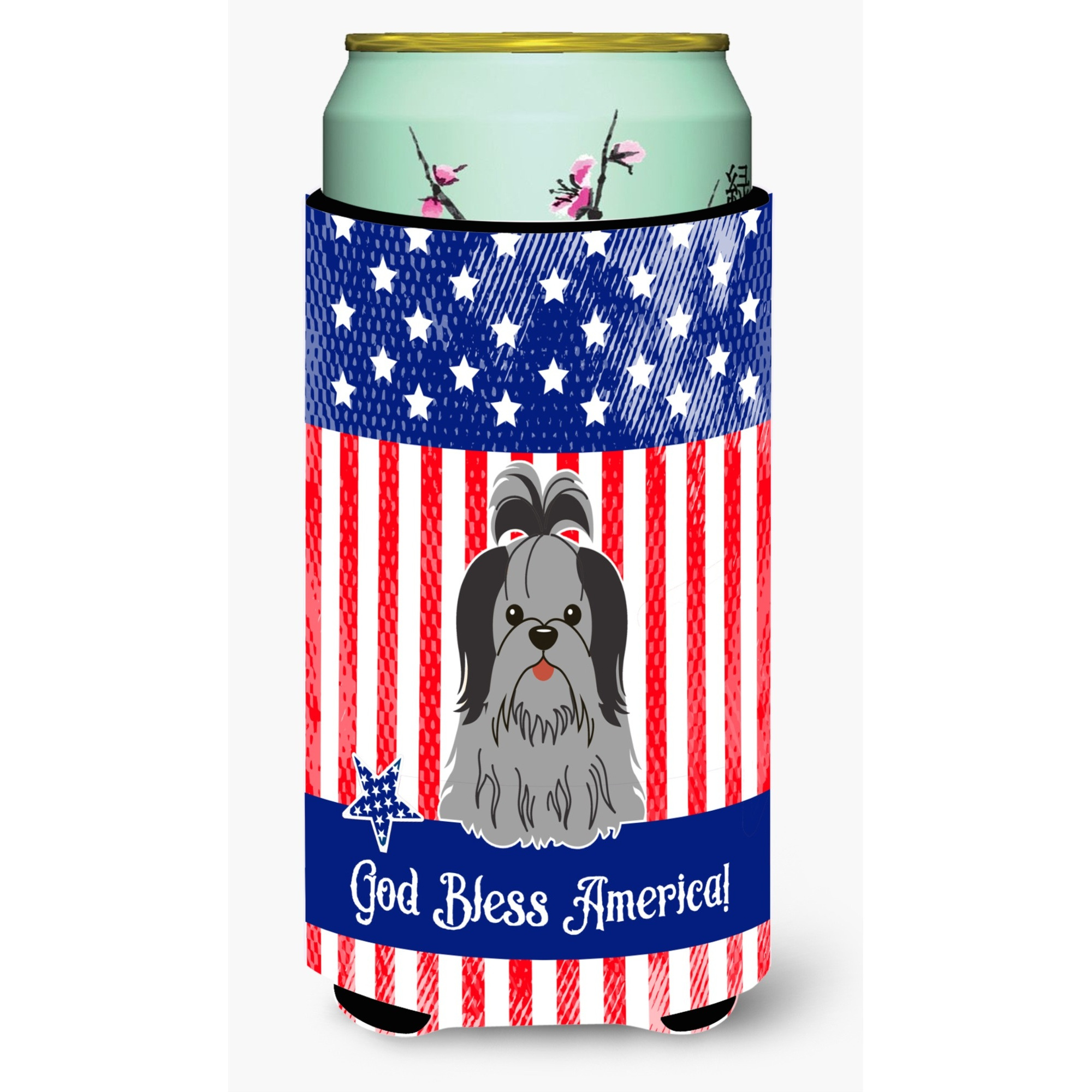 &quotCaroline's Treasures BB3084TBC Patriotic USA Shih Tzu Black Silver Tall Boy Hugger cold-beverage-koozies, Multicolor"