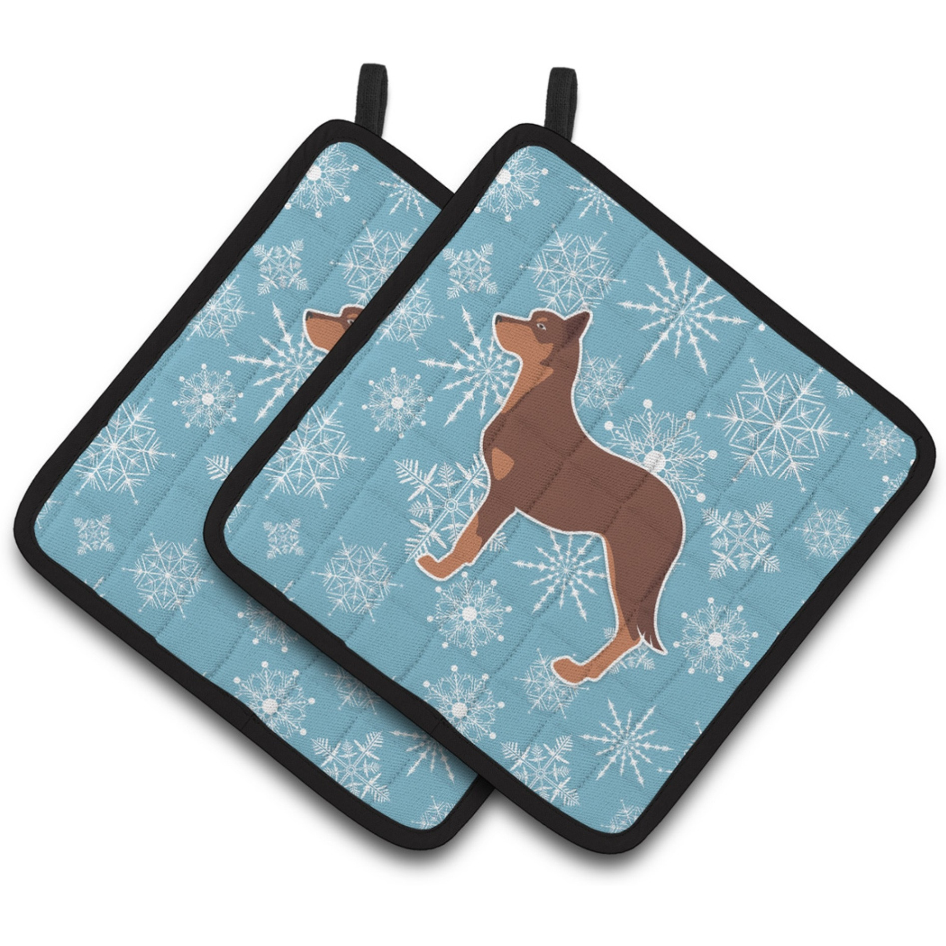 &quotCaroline's Treasures Winter Snowflake Australian Kelpie Dog Pair of Pot Holders BB3529PTHD, 7.5HX7.5W, Multicolor"