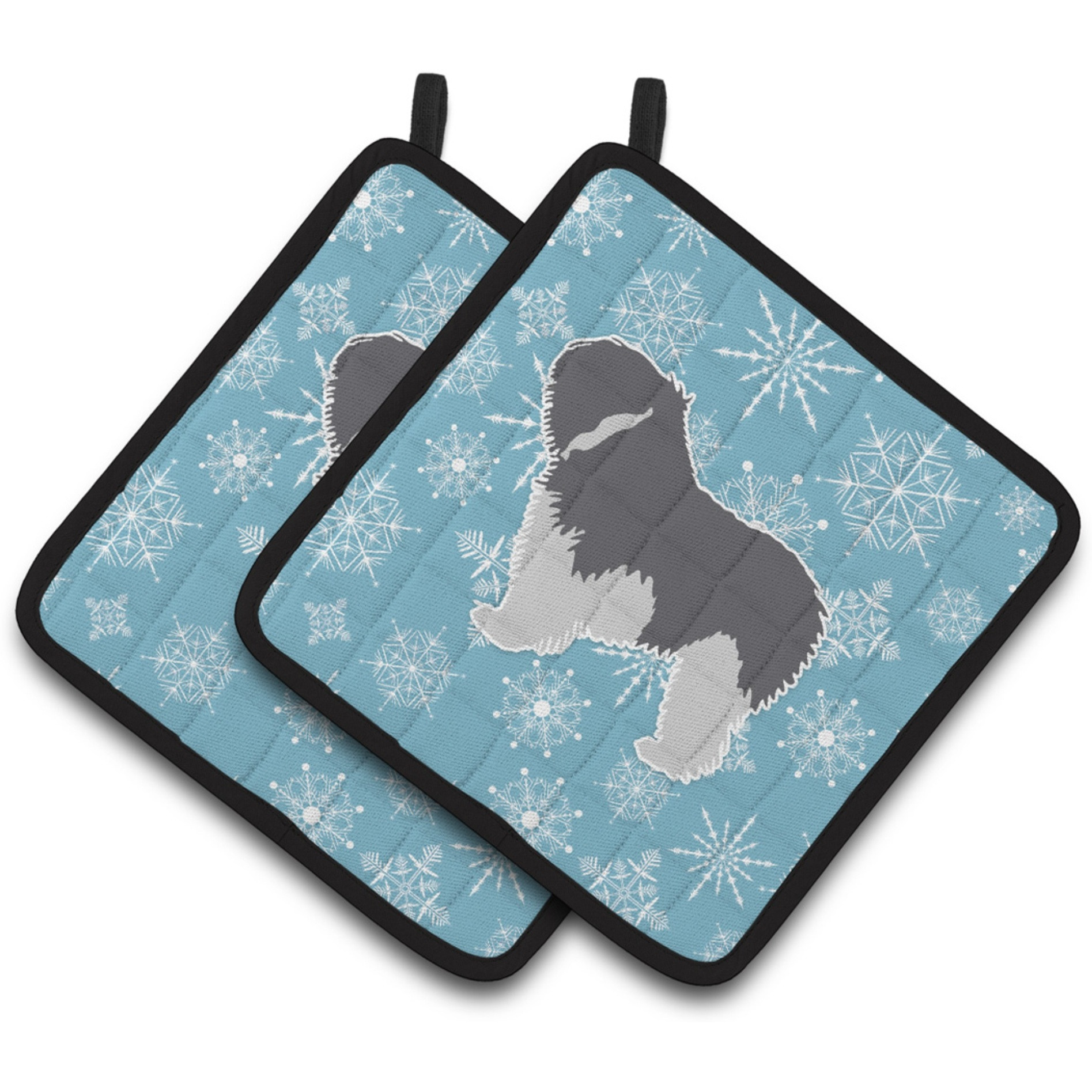 &quotCaroline's Treasures BB3532PTHD Winter Snowflake Polish Lowland Sheepdog Dog Pair of Pot Holders, 7.5H"" x 7.5"" W, Multicolor"
