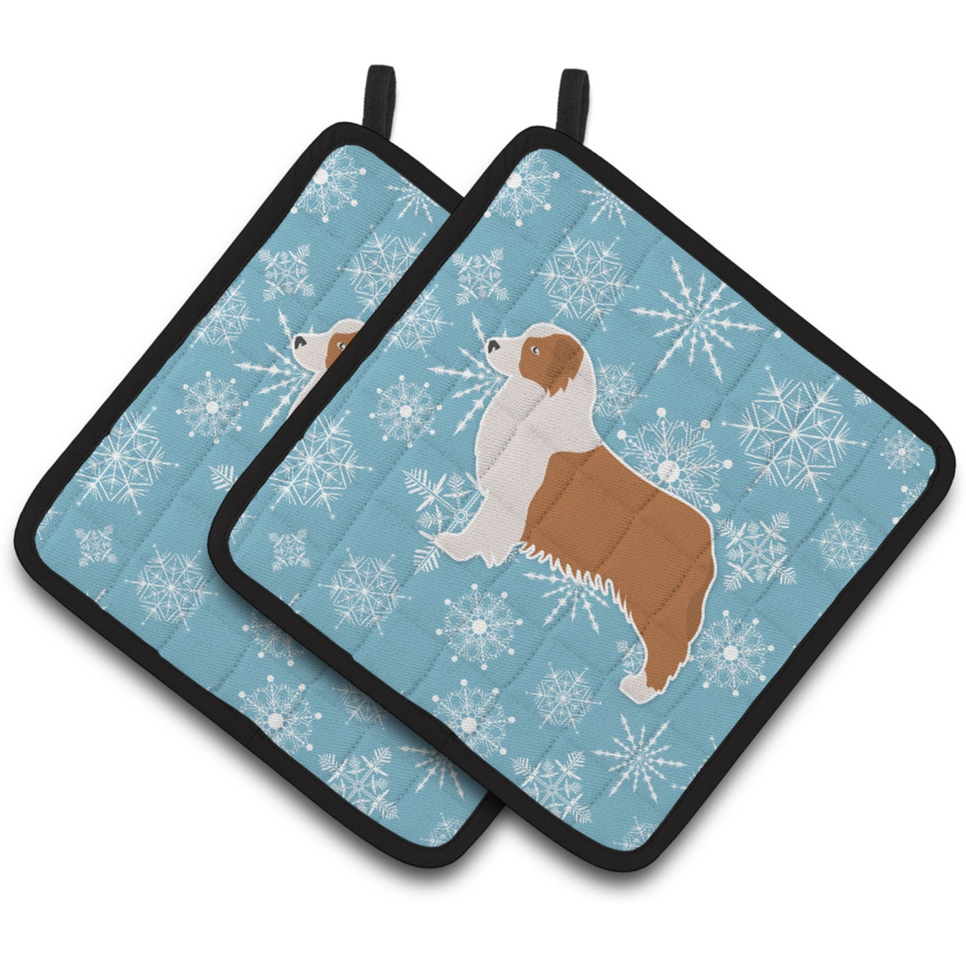 &quotCaroline's Treasures Winter Snowflake Australian Shepherd Dog Pair of Pot Holders BB3533PTHD, 7.5HX7.5W, Multicolor"
