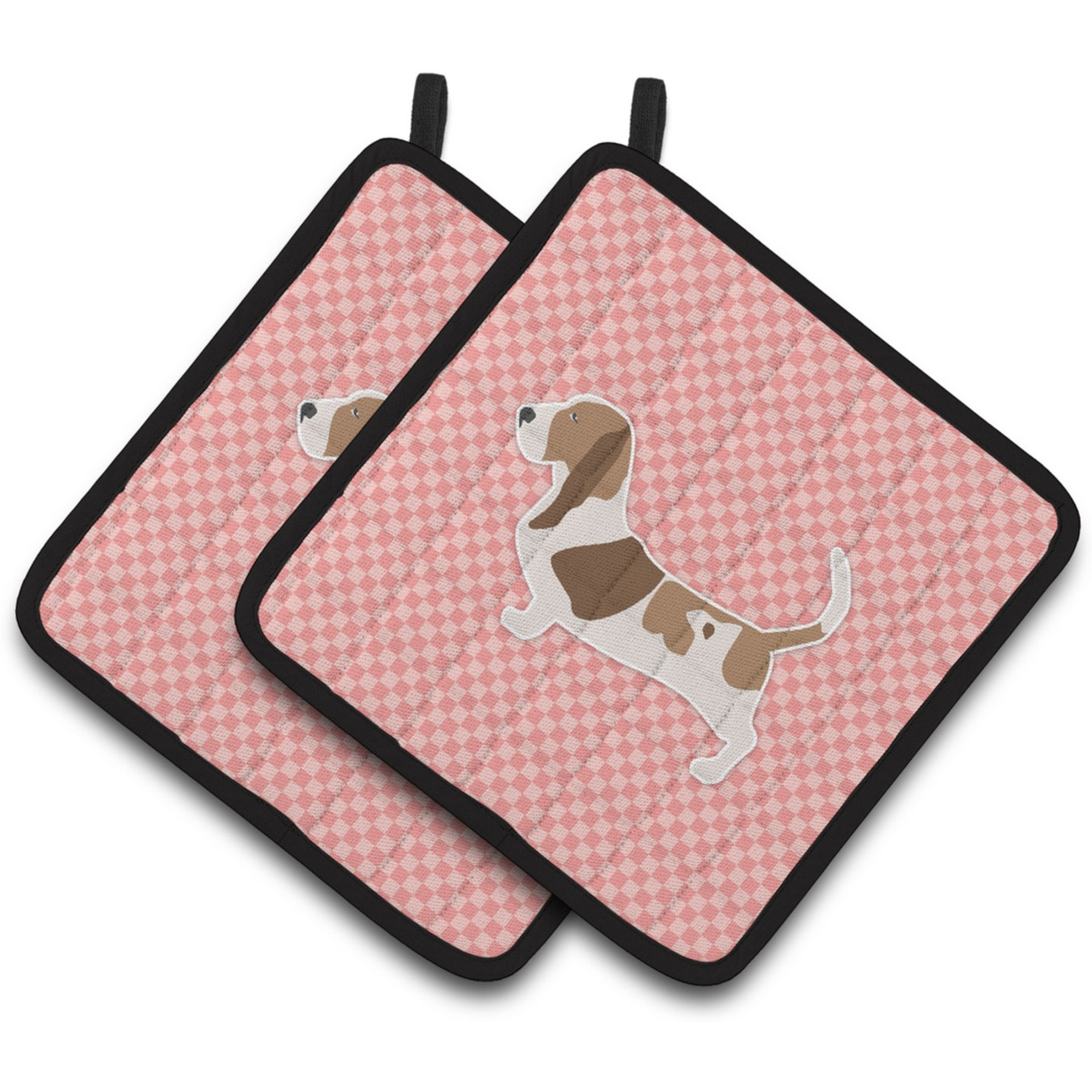 &quotCaroline's Treasures Basset Hound Checkerboard Pink Pair of Pot Holders BB3602PTHD, 7.5HX7.5W, Multicolor"
