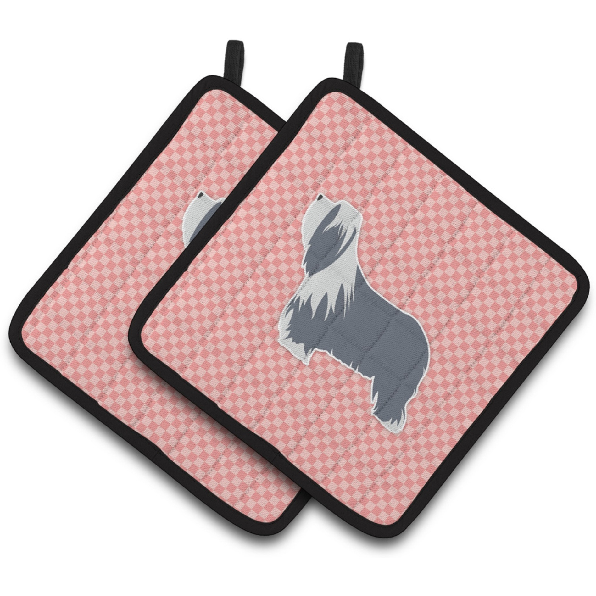 &quotCaroline's Treasures Bearded Collie Checkerboard Pink Pair of Pot Holders BB3617PTHD, 7.5HX7.5W, Multicolor"