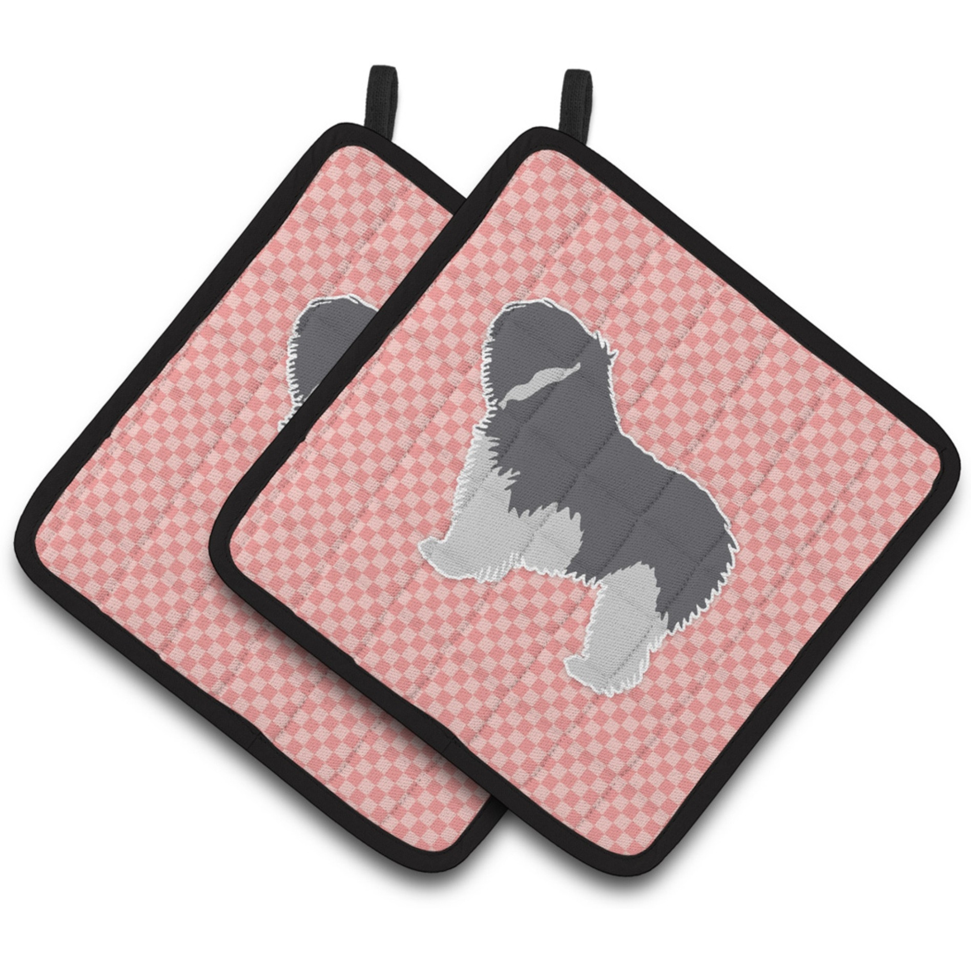 &quotCaroline's Treasures BB3632PTHD Polish Lowland Sheepdog Dog Checkerboard Pink Pair of Pot Holders, 7.5H"" x 7.5"" W, Multicolor"