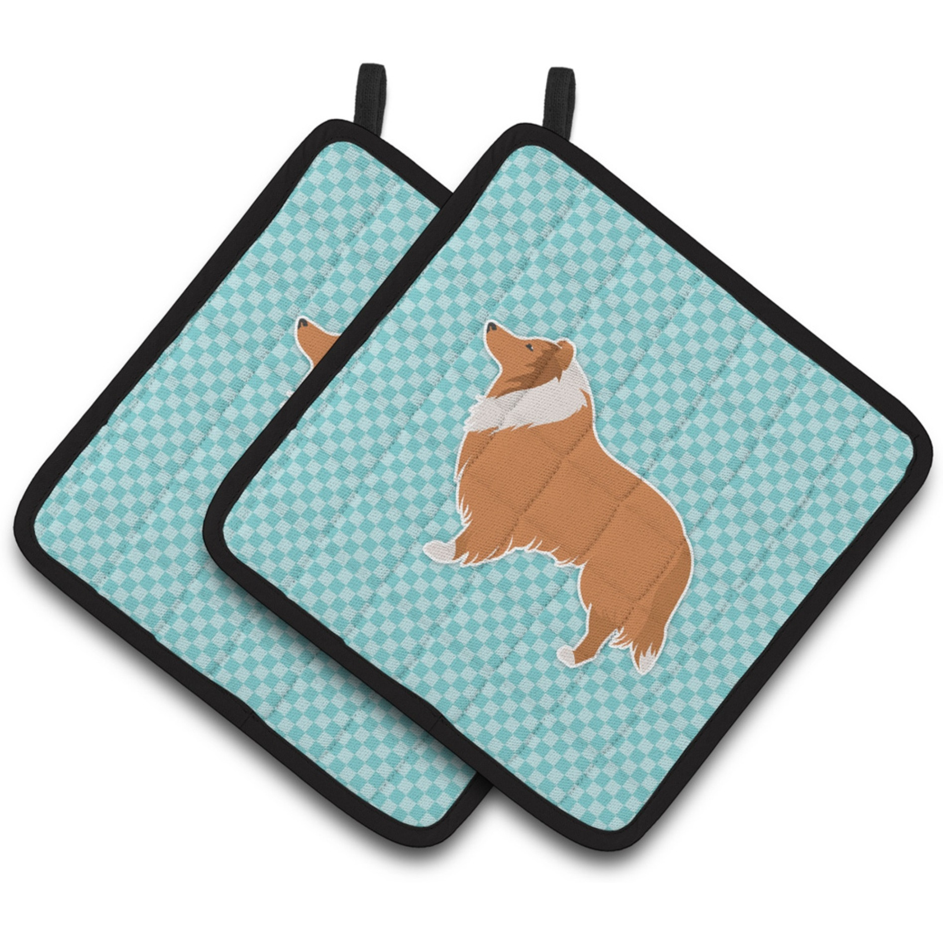 &quotCaroline's Treasures Collie Checkerboard Blue Pair of Pot Holders BB3716PTHD, 7.5HX7.5W, Multicolor"