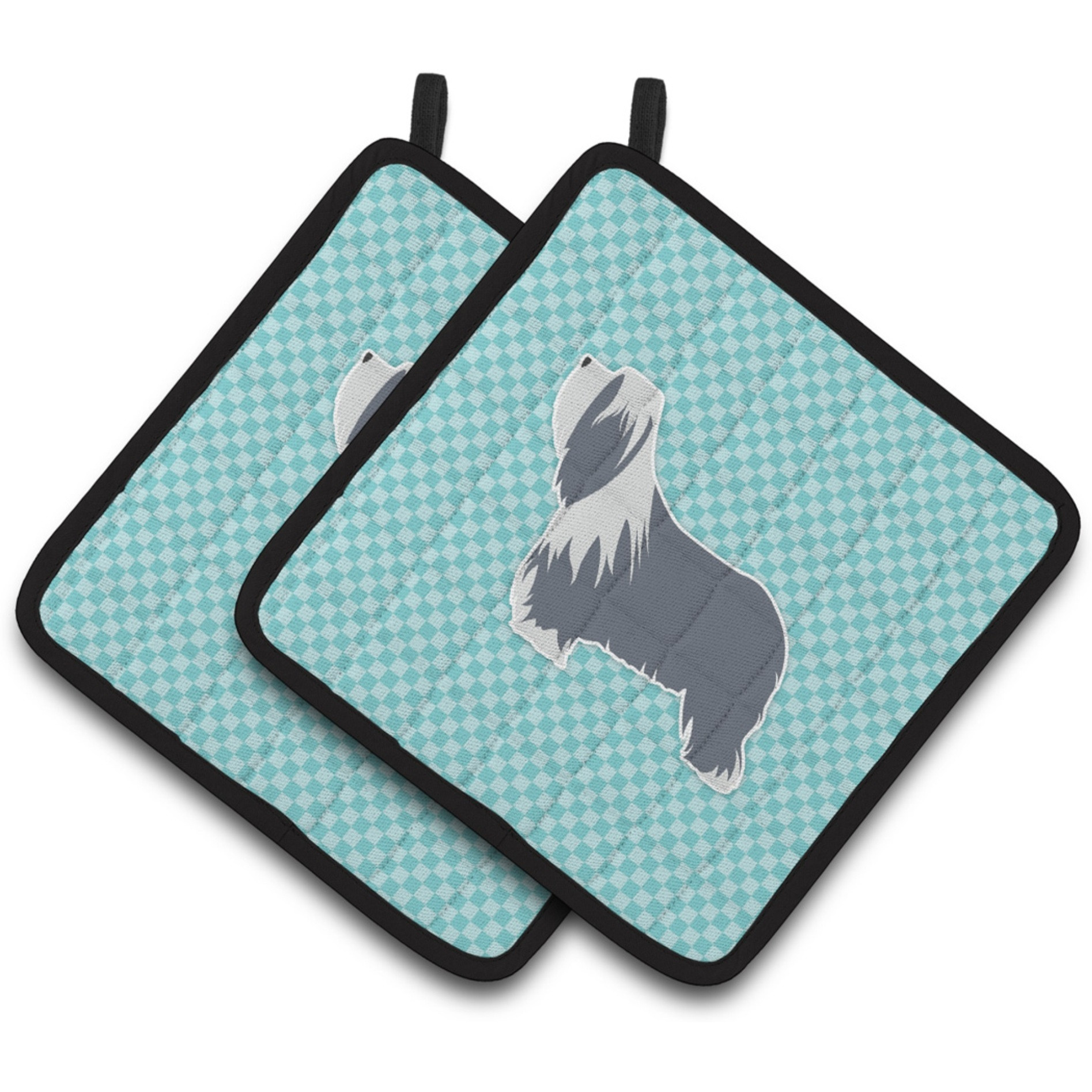 &quotCaroline's Treasures Bearded Collie Checkerboard Blue Pair of Pot Holders BB3717PTHD, 7.5HX7.5W, Multicolor"