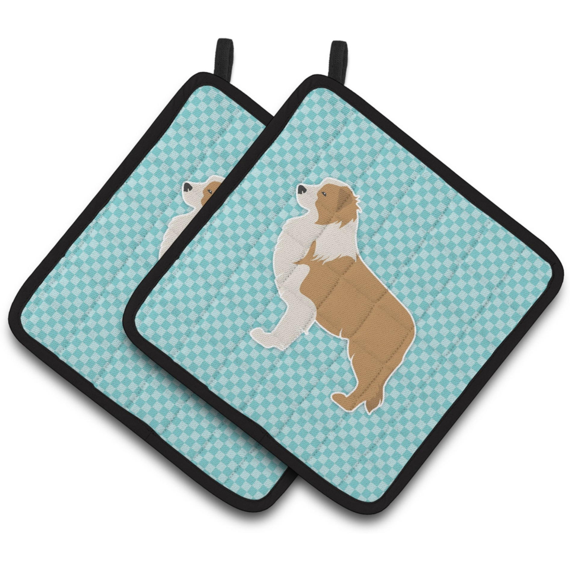 &quotCaroline's Treasures Red Border Collie Checkerboard Blue Pair of Pot Holders BB3722PTHD, 7.5HX7.5W, Multicolor"