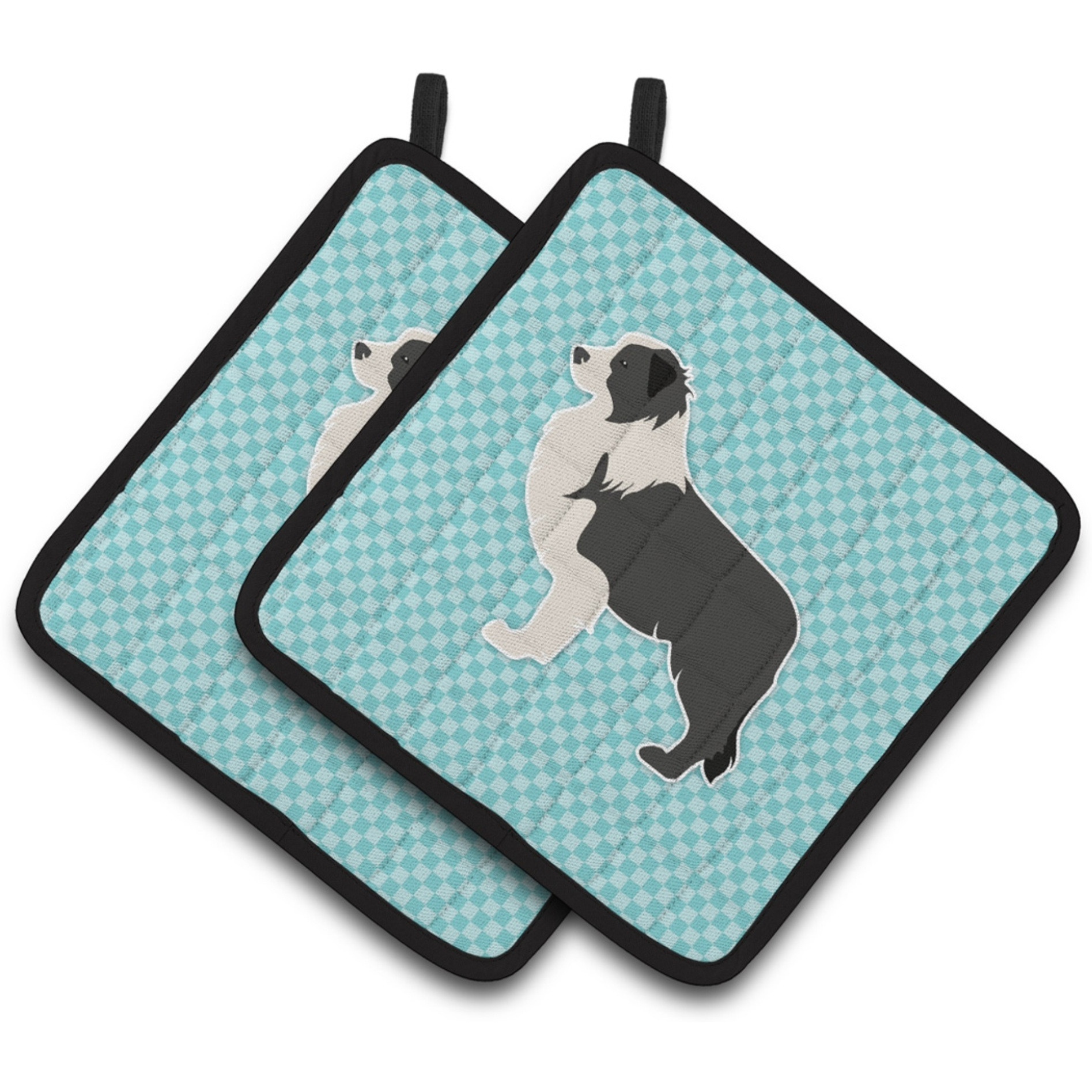 &quotCaroline's Treasures black Border Collie Checkerboard Blue Pair of Pot Holders BB3723PTHD, 7.5HX7.5W, Multicolor"