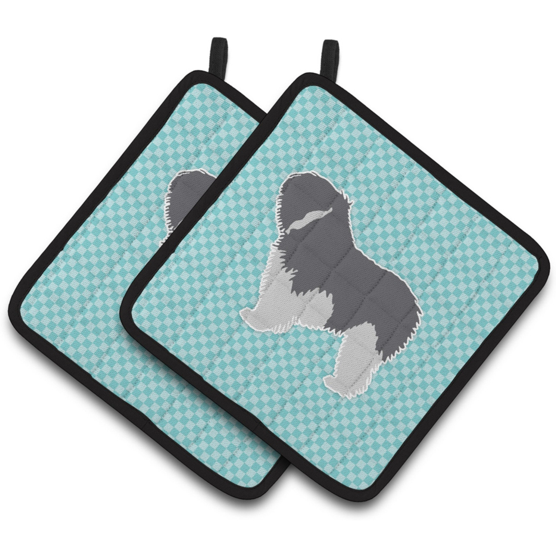 &quotCaroline's Treasures BB3732PTHD Polish Lowland Sheepdog Dog Checkerboard Blue Pair of Pot Holders, 7.5H"" x 7.5"" W, Multicolor"