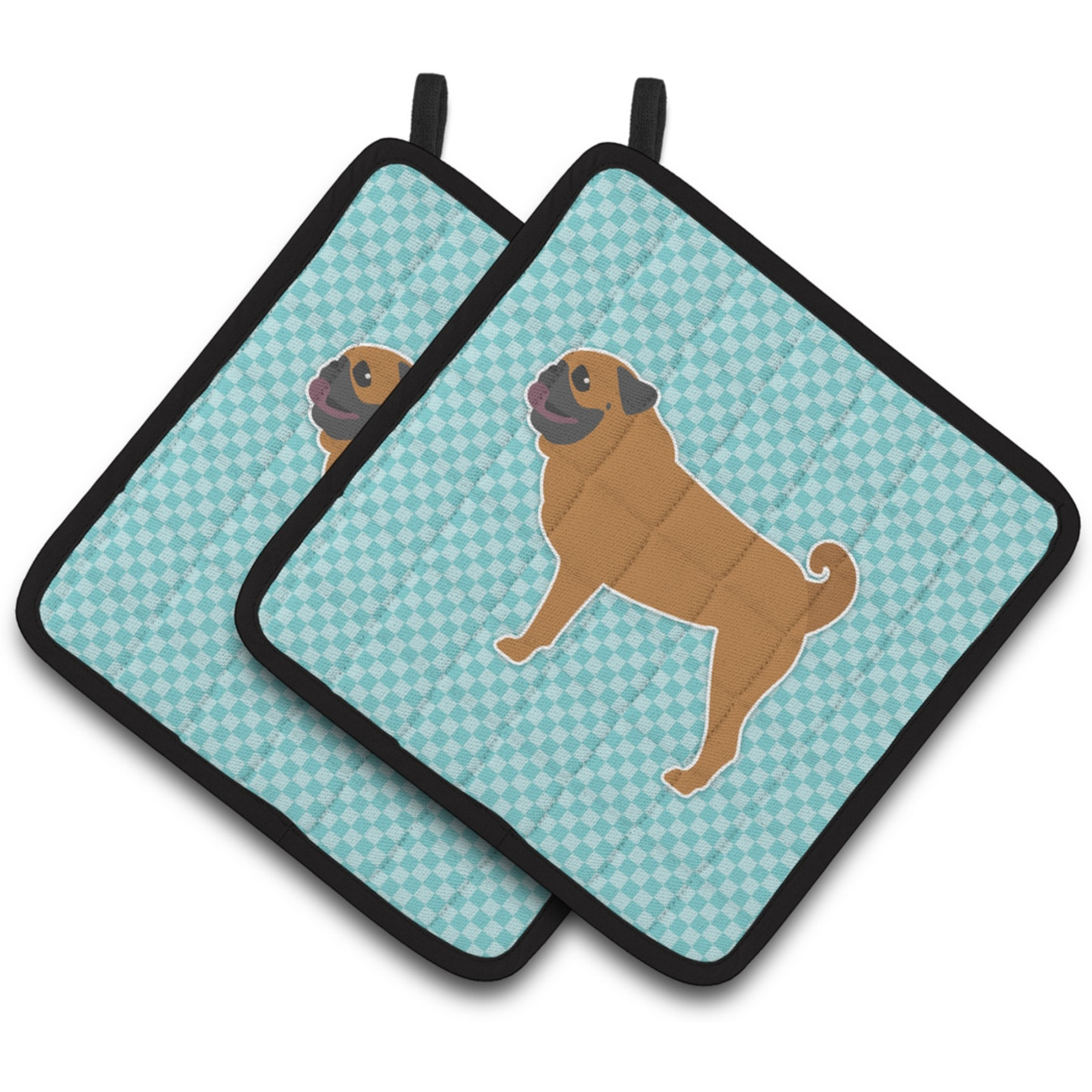 &quotCaroline's Treasures Pug Checkerboard Blue Pair of Pot Holders BB3747PTHD, 7.5HX7.5W, Multicolor"