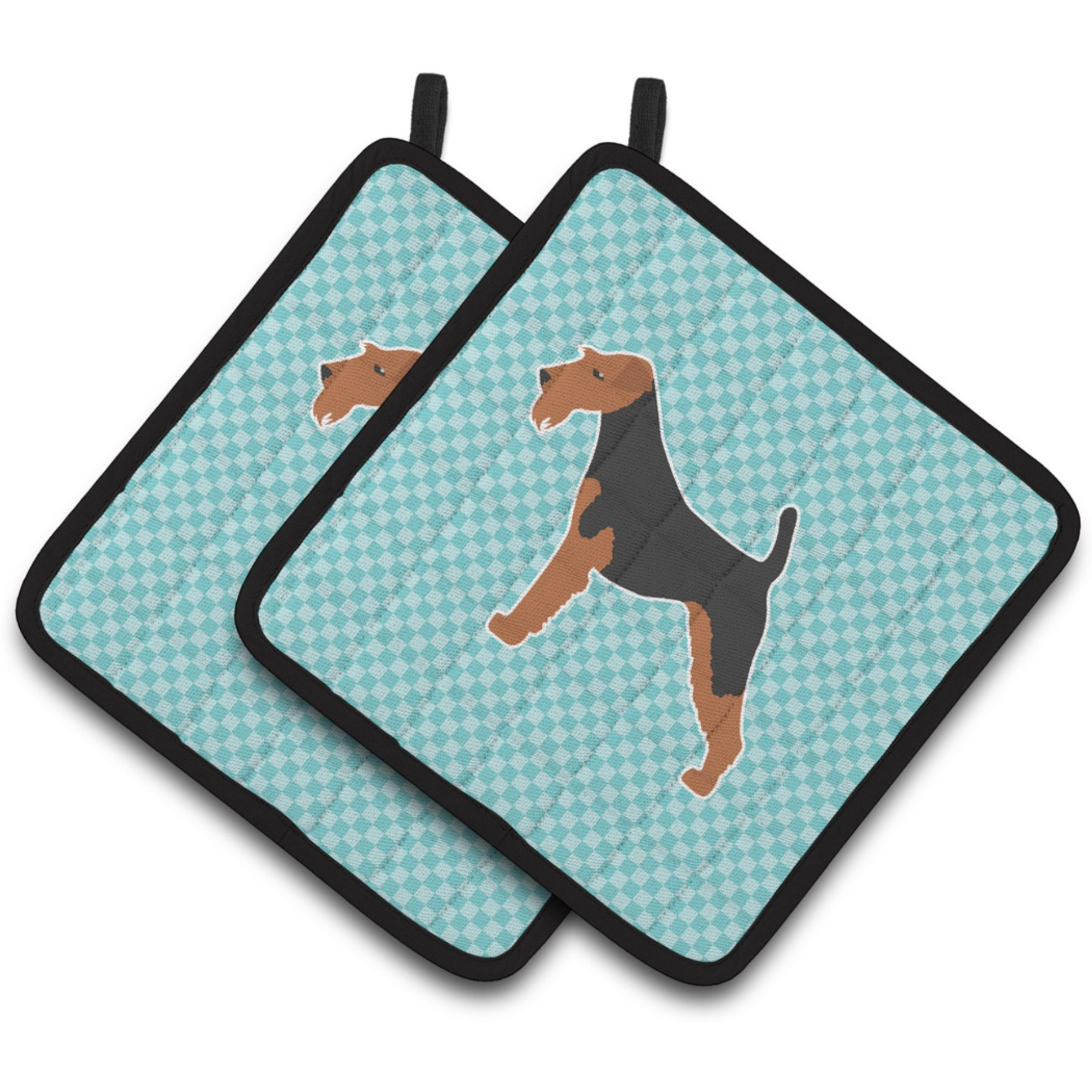 &quotCaroline's Treasures Airedale Terrier Checkerboard Blue Pair of Pot Holders BB3757PTHD, 7.5HX7.5W, Multicolor"