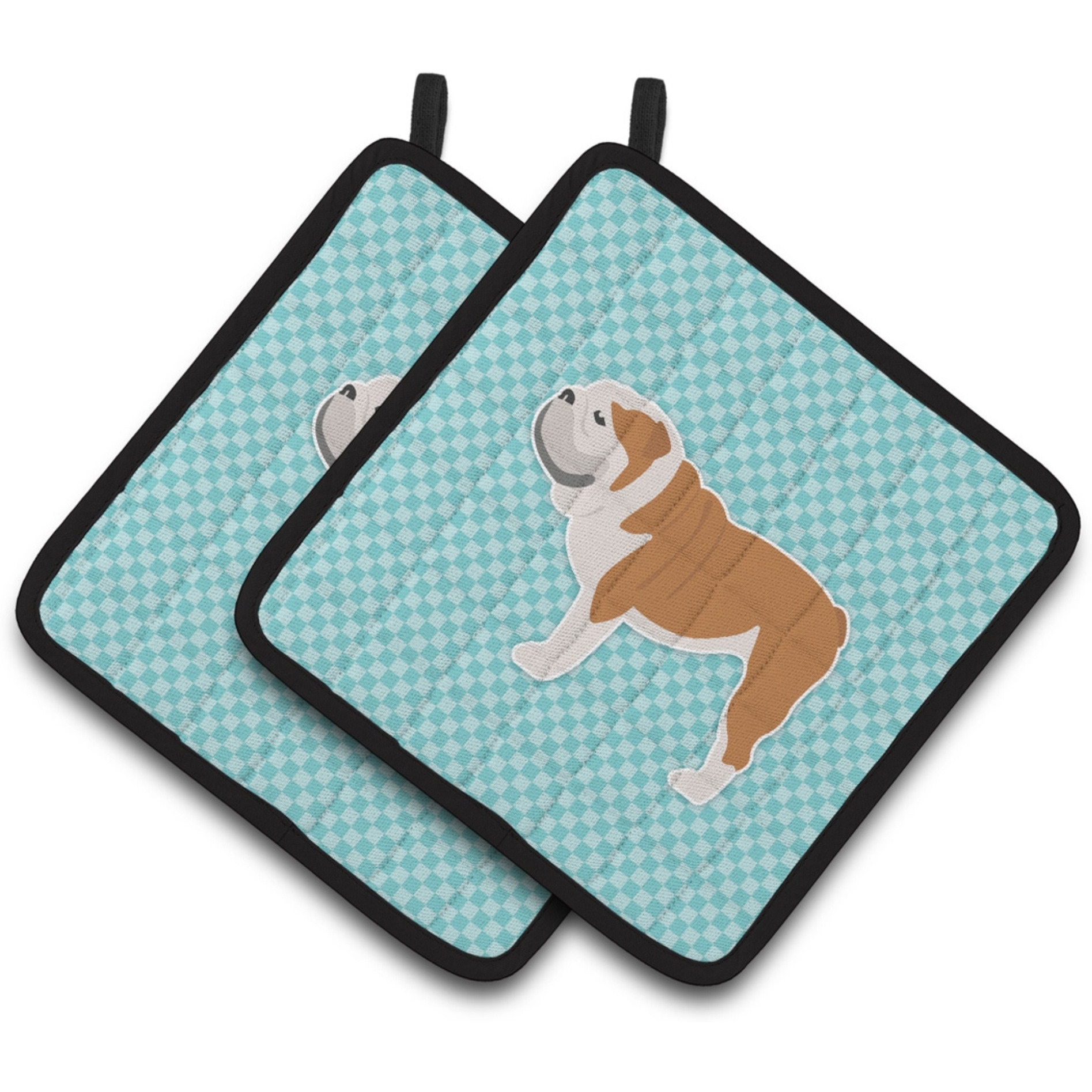 &quotCaroline's Treasures English Bulldog Checkerboard Blue Pair of Pot Holders BB3762PTHD, 7.5HX7.5W, Multicolor"