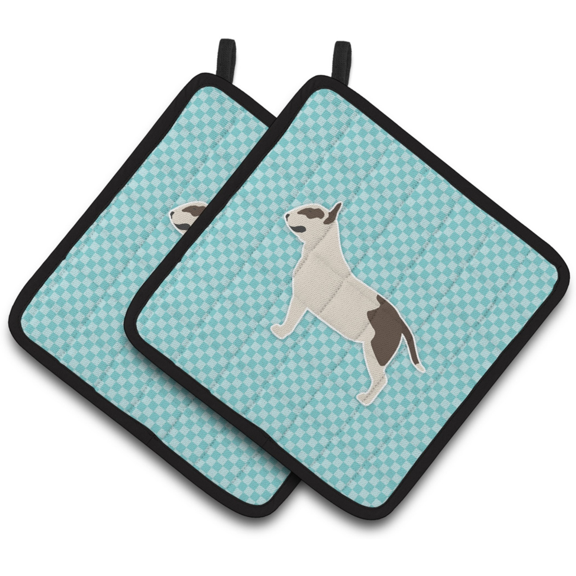 &quotCaroline's Treasures Bull Terrier Checkerboard Blue Pair of Pot Holders BB3778PTHD, 7.5HX7.5W, Multicolor"
