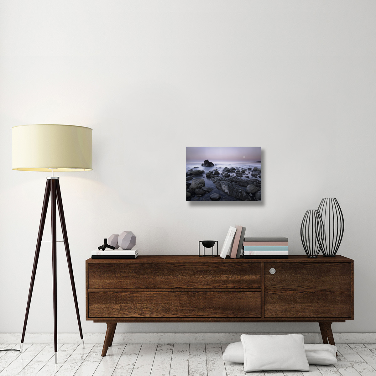 Full moon over boulders at El Pescador State Beach, Malibu, California-Canvas Art-24&quotx18"