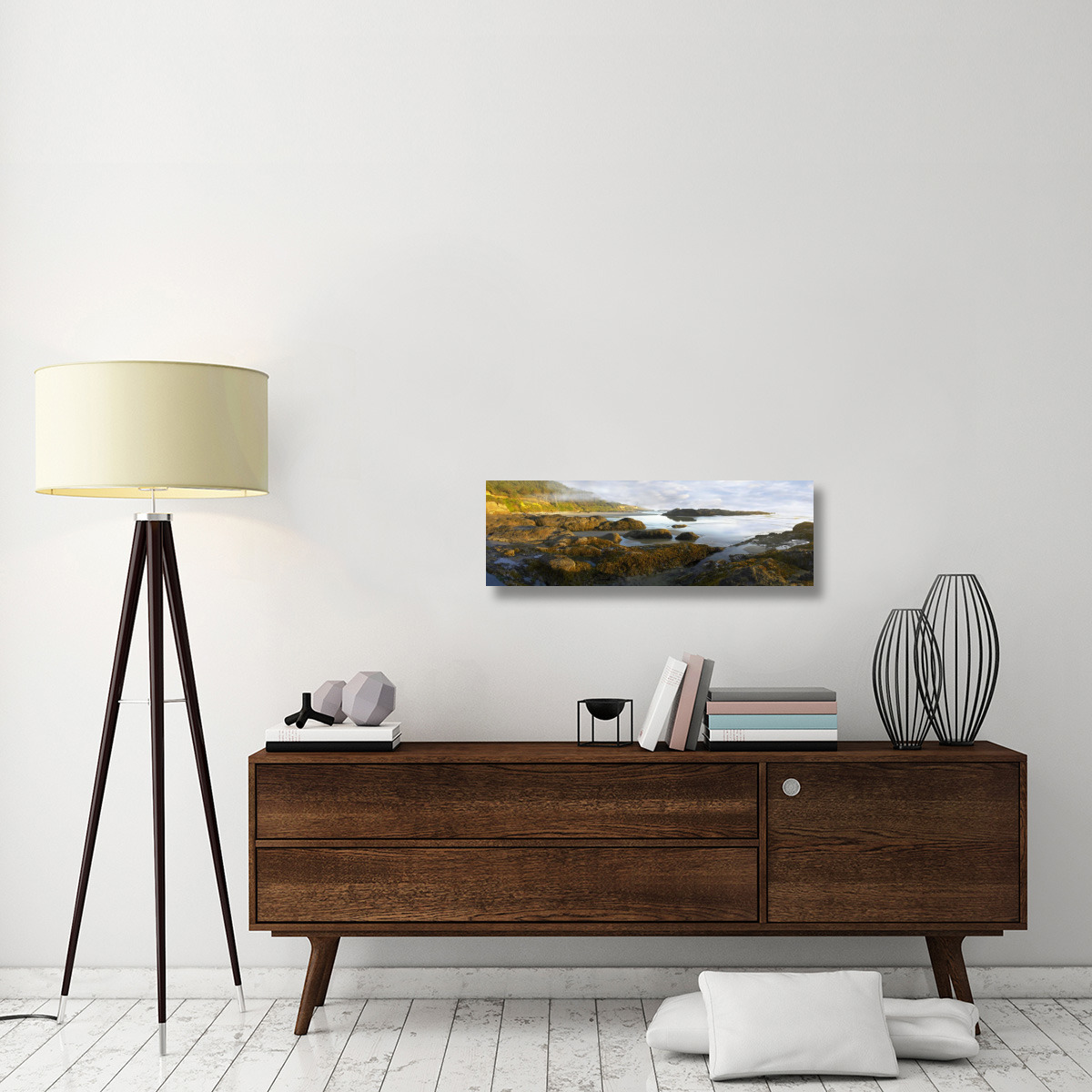 Panorama of Neptune Beach with exposed tide pools at low tide, Oregon-Canvas Art-36&quotx12"