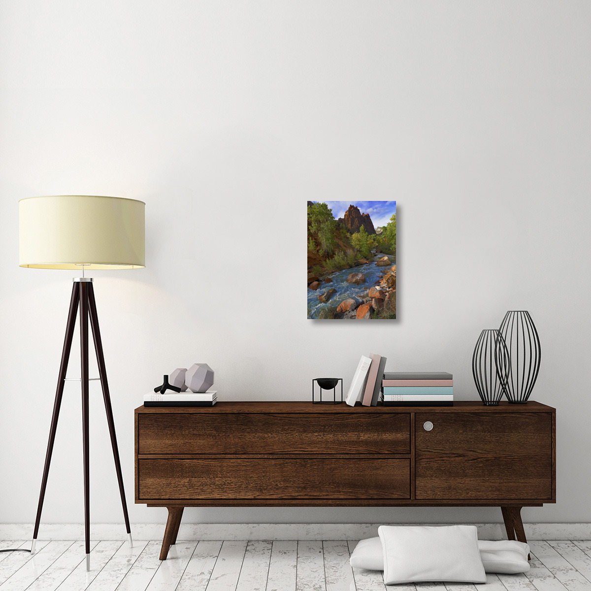 Mt Spry at 5,823 foot elevation with the Virgin River surrounded by Cottonwood trees, Zion National Park, Utah-Canvas Art-18&quotx24"