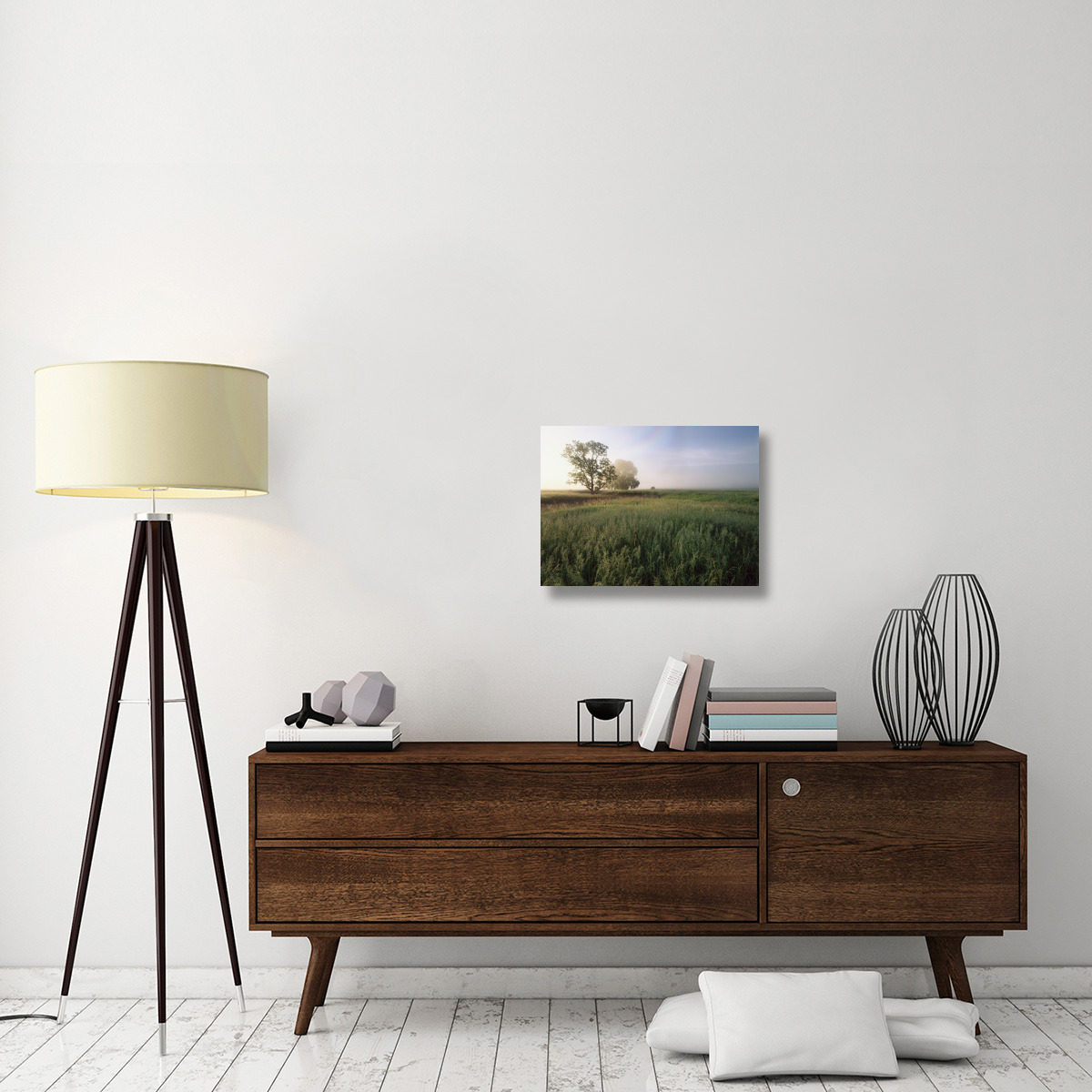 Oak trees shrouded in fog, tallgrass prairie in Flint Hills taken over by invasive Great Brome Grass, Kansas-Canvas Art-24&quotx18"