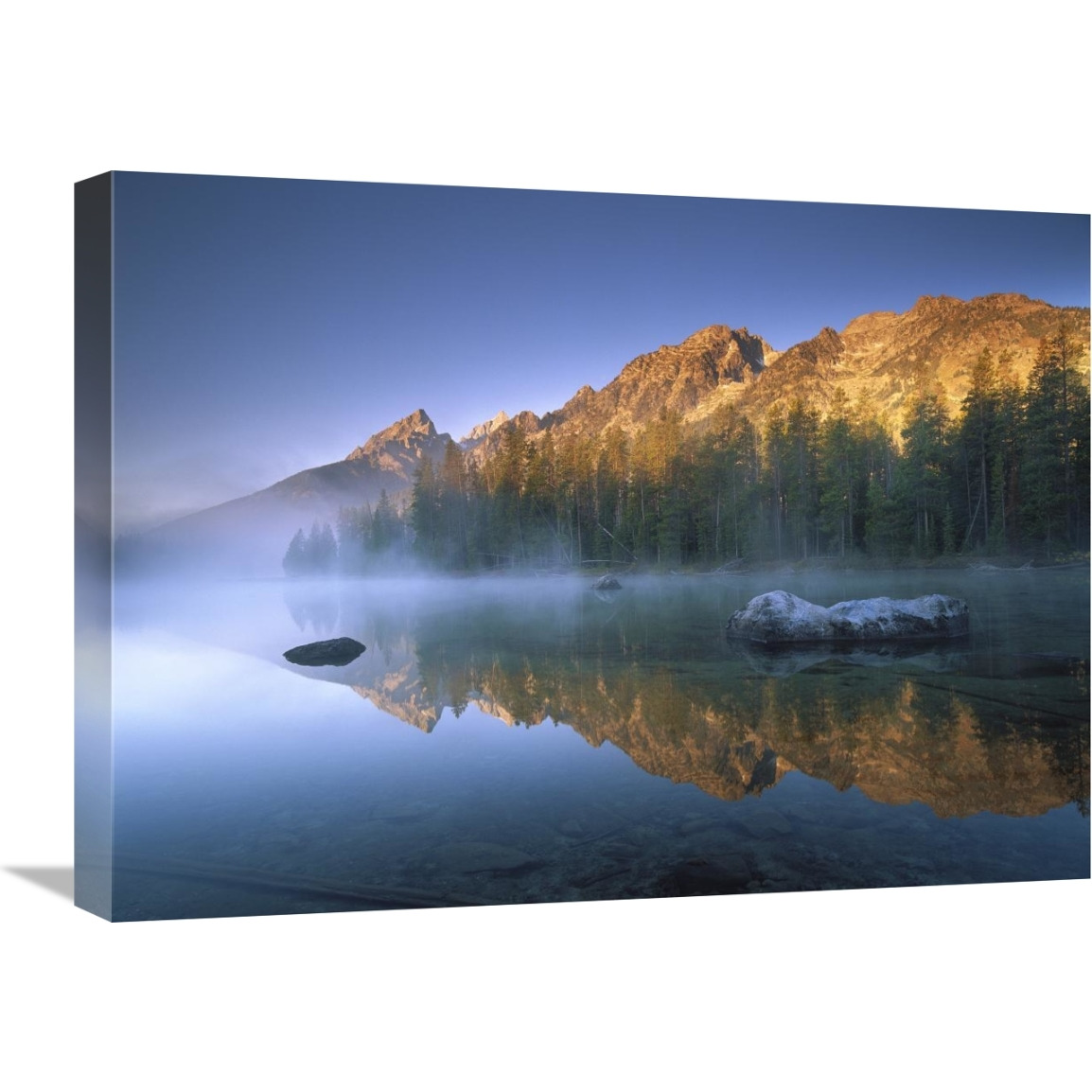 Teewinot Mountain reflected in misty lake, Grand Teton NP, Wyoming-Canvas Art-24&quotx18"