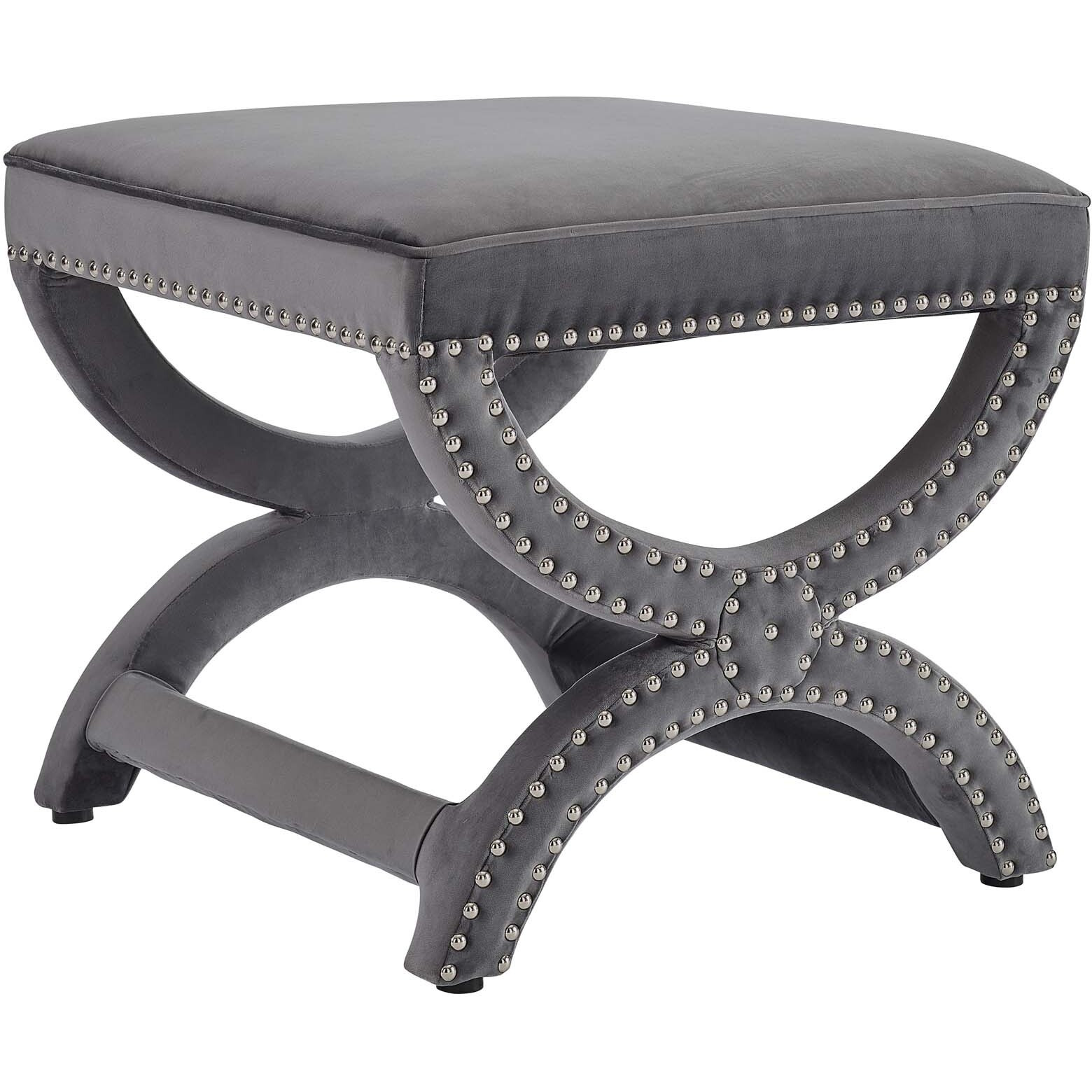 Expound Upholstered Nailhead Trim Velvet Ottoman - Gray