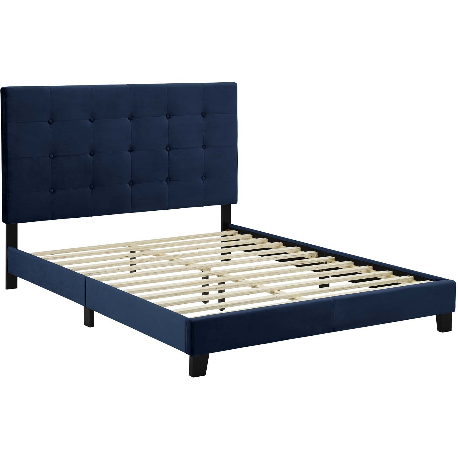 Melanie King Tufted Button Upholstered Performance Velvet Platform Bed - Midnight Blue