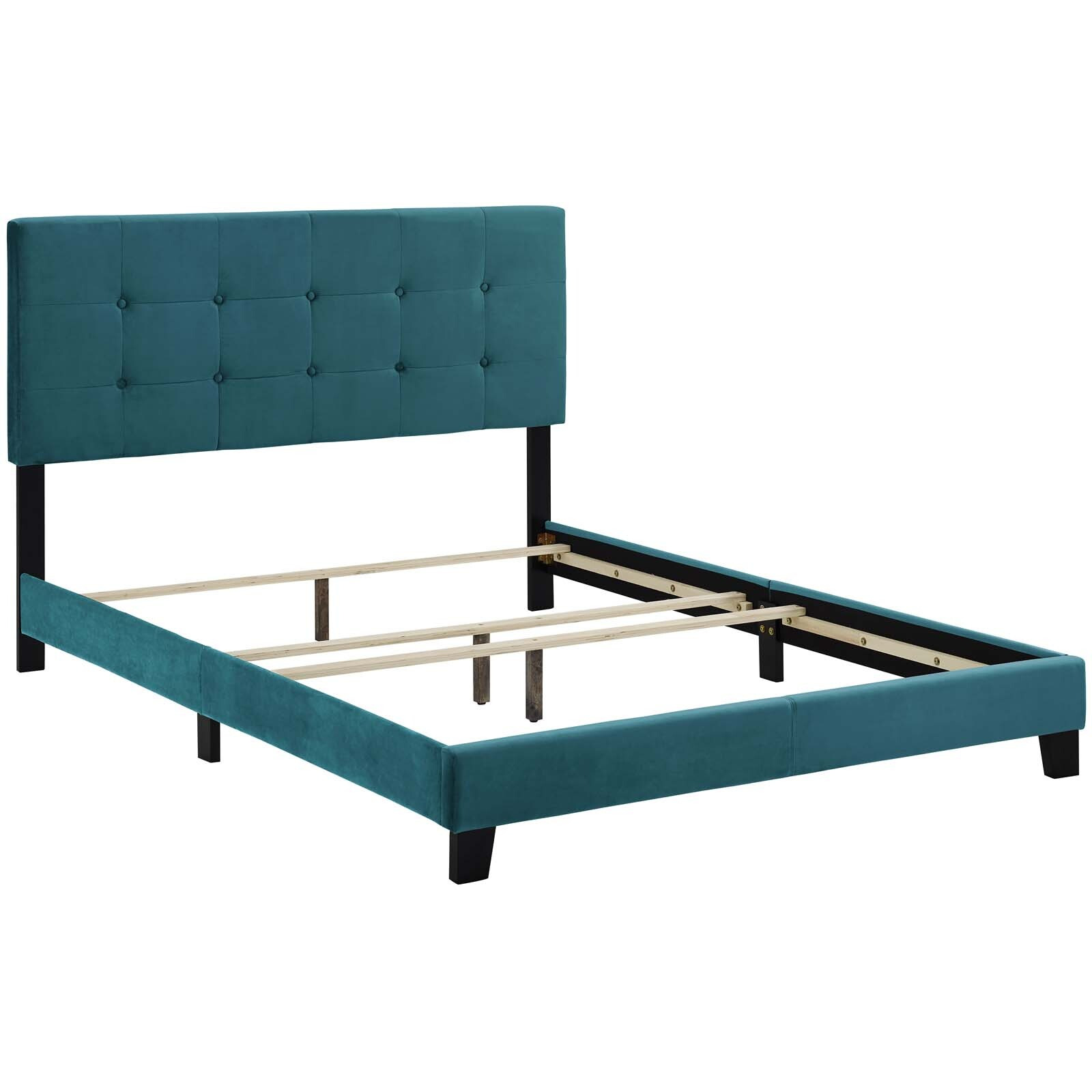 Amira Queen Upholstered Velvet Bed - Sea Blue