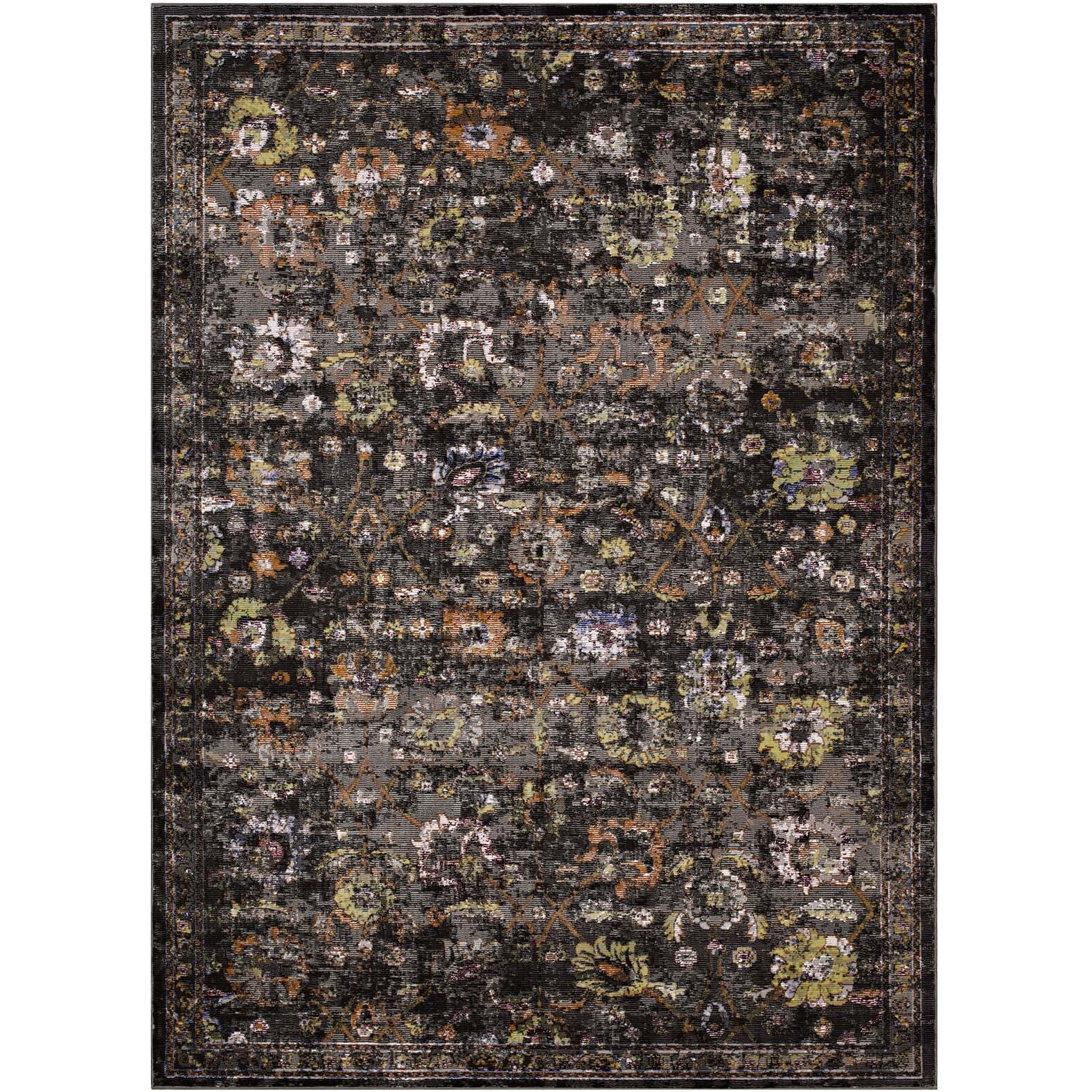 Minu Distressed Floral Lattice 4x6 Area Rug - Black, Yellow and Orange