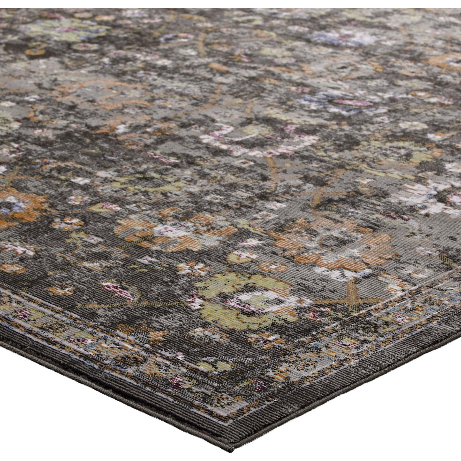 Minu Distressed Floral Lattice 4x6 Area Rug - Black, Yellow and Orange