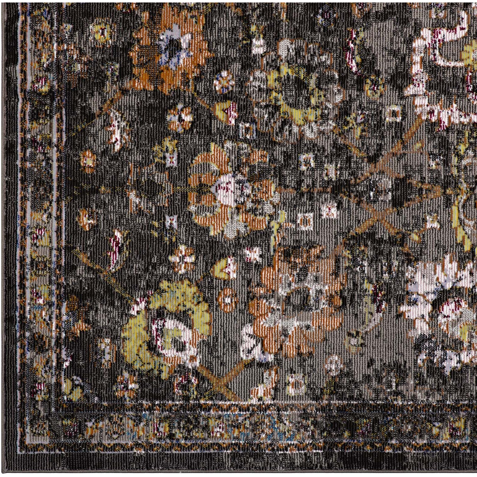 Minu Distressed Floral Lattice 4x6 Area Rug - Black, Yellow and Orange