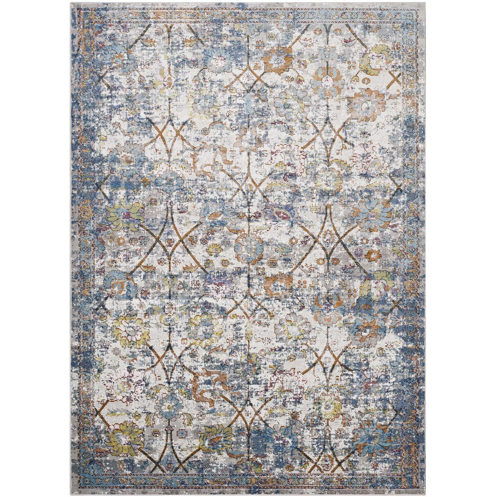 Minu Distressed Floral Lattice 4x6 Area Rug - Light Blue, Yellow and Orange
