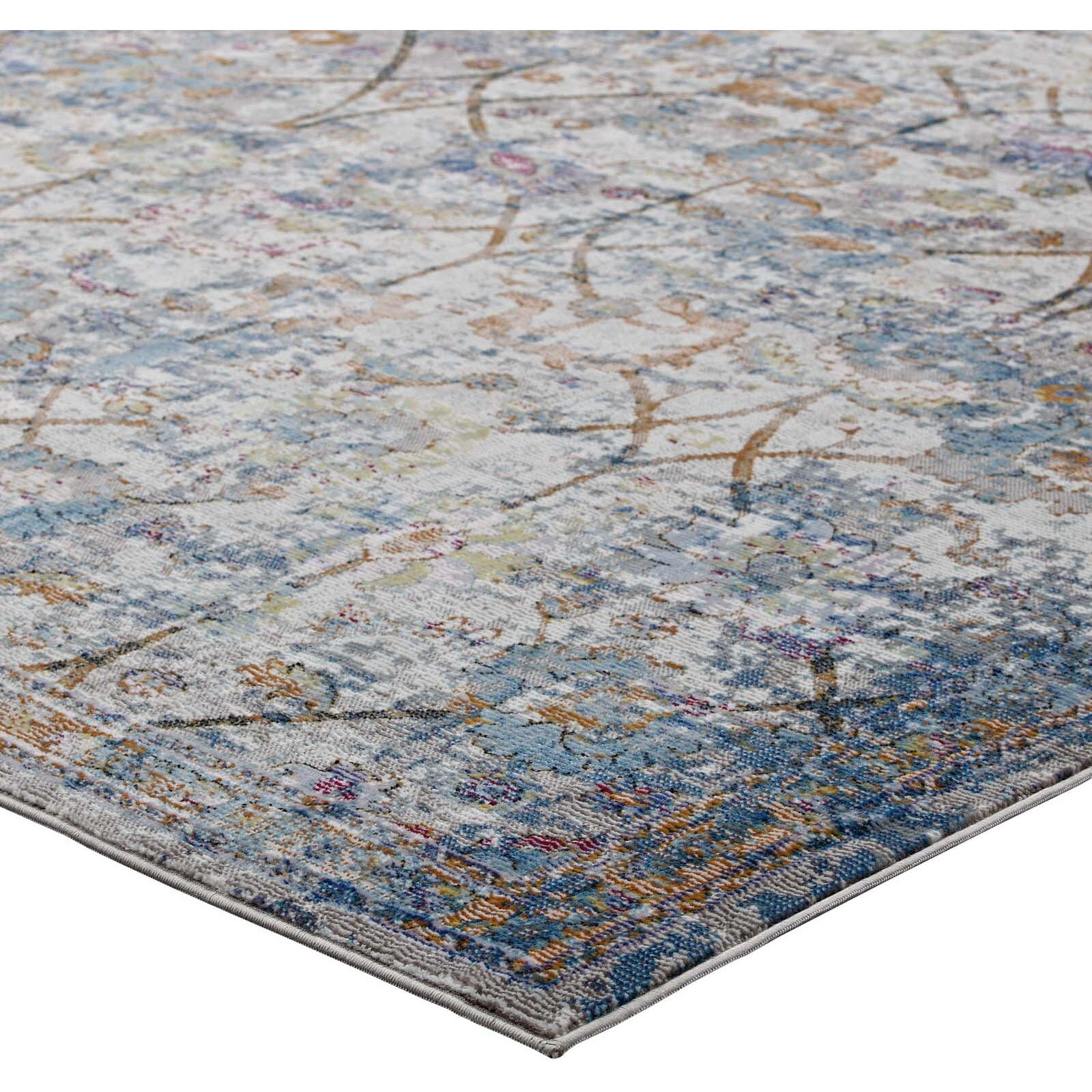 Minu Distressed Floral Lattice 4x6 Area Rug - Light Blue, Yellow and Orange