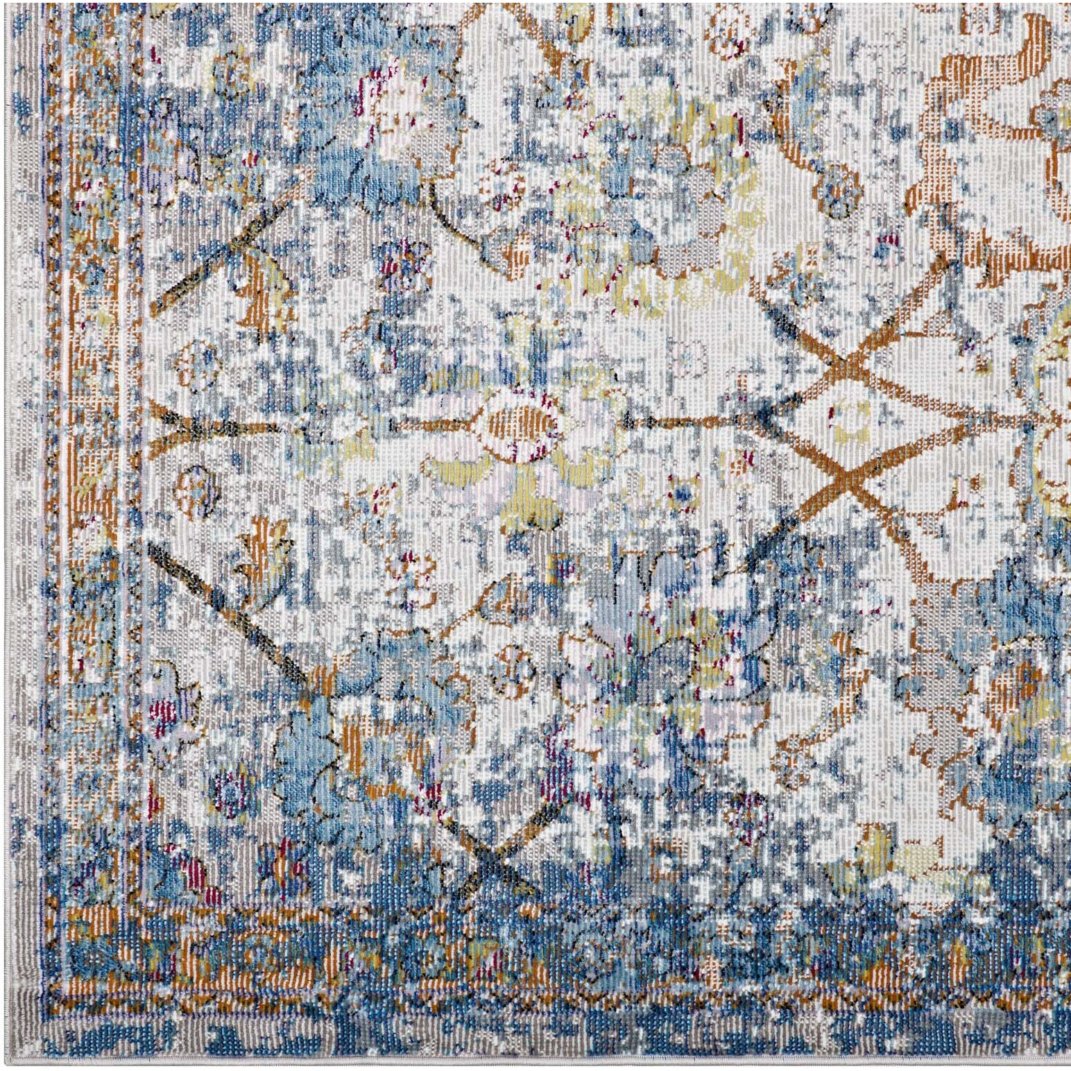 Minu Distressed Floral Lattice 4x6 Area Rug - Light Blue, Yellow and Orange