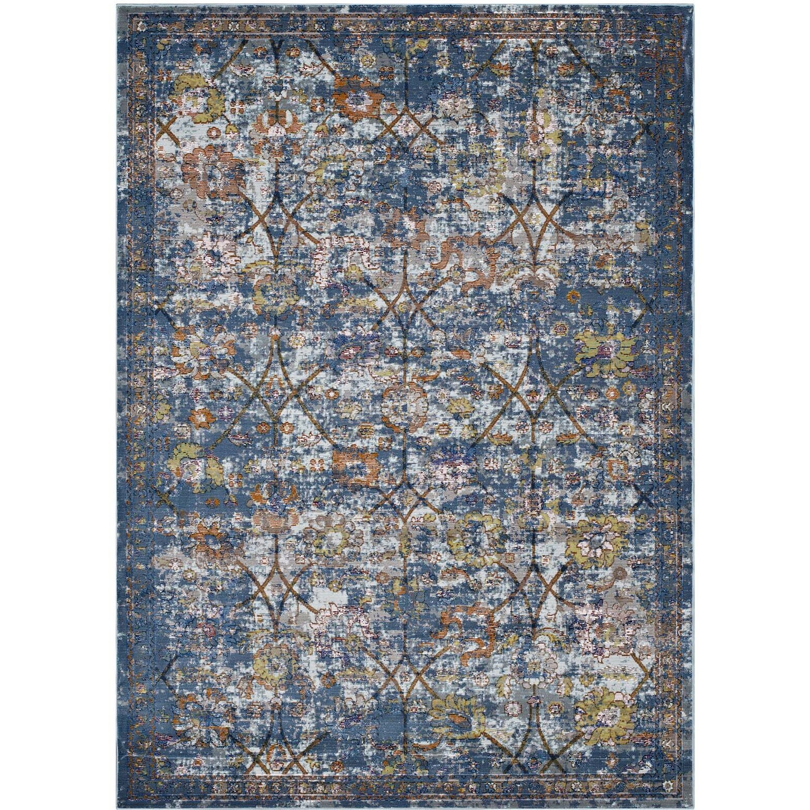 Minu Distressed Floral Lattice 5x8 Area Rug - Blue Gray, Yellow and Orange