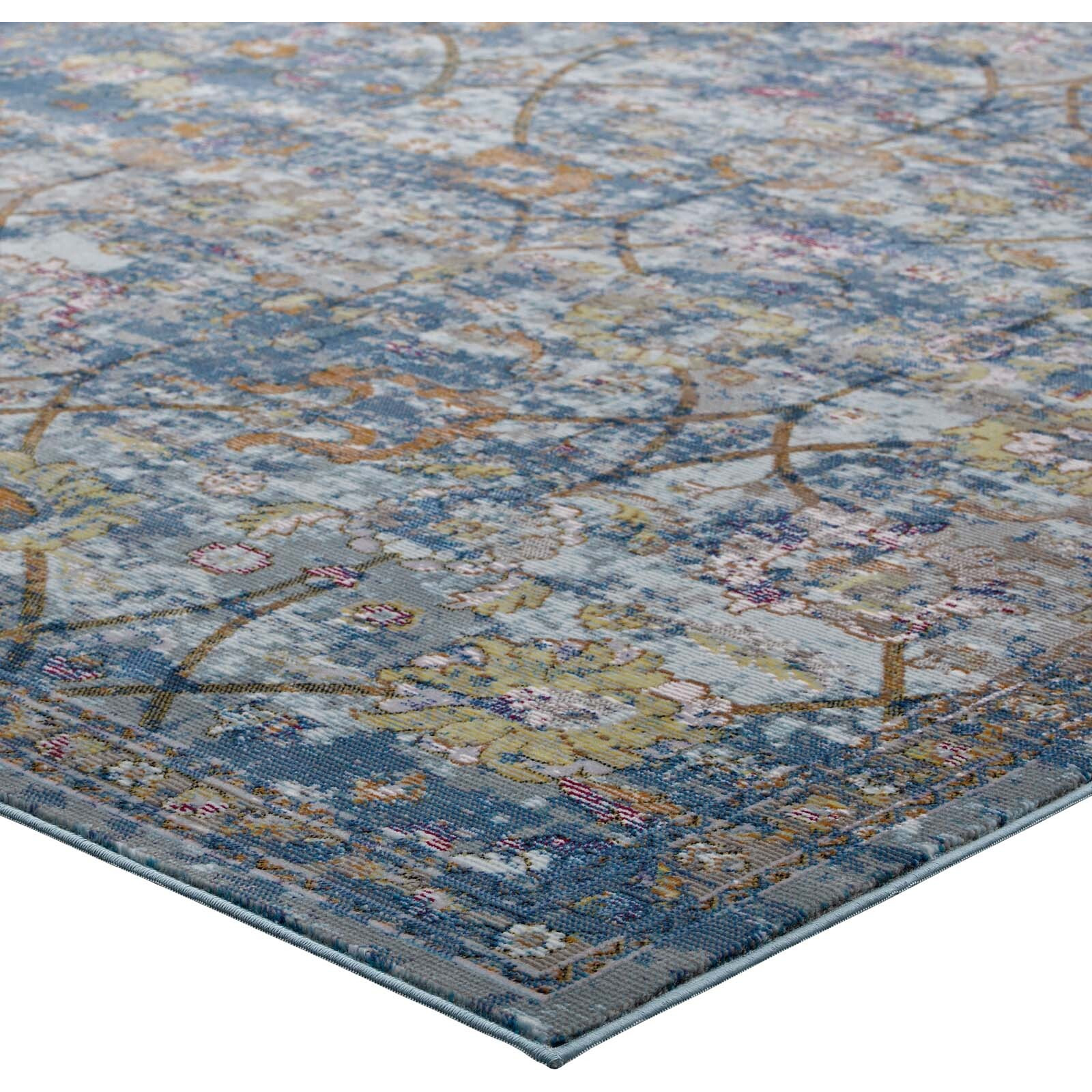 Minu Distressed Floral Lattice 5x8 Area Rug - Blue Gray, Yellow and Orange