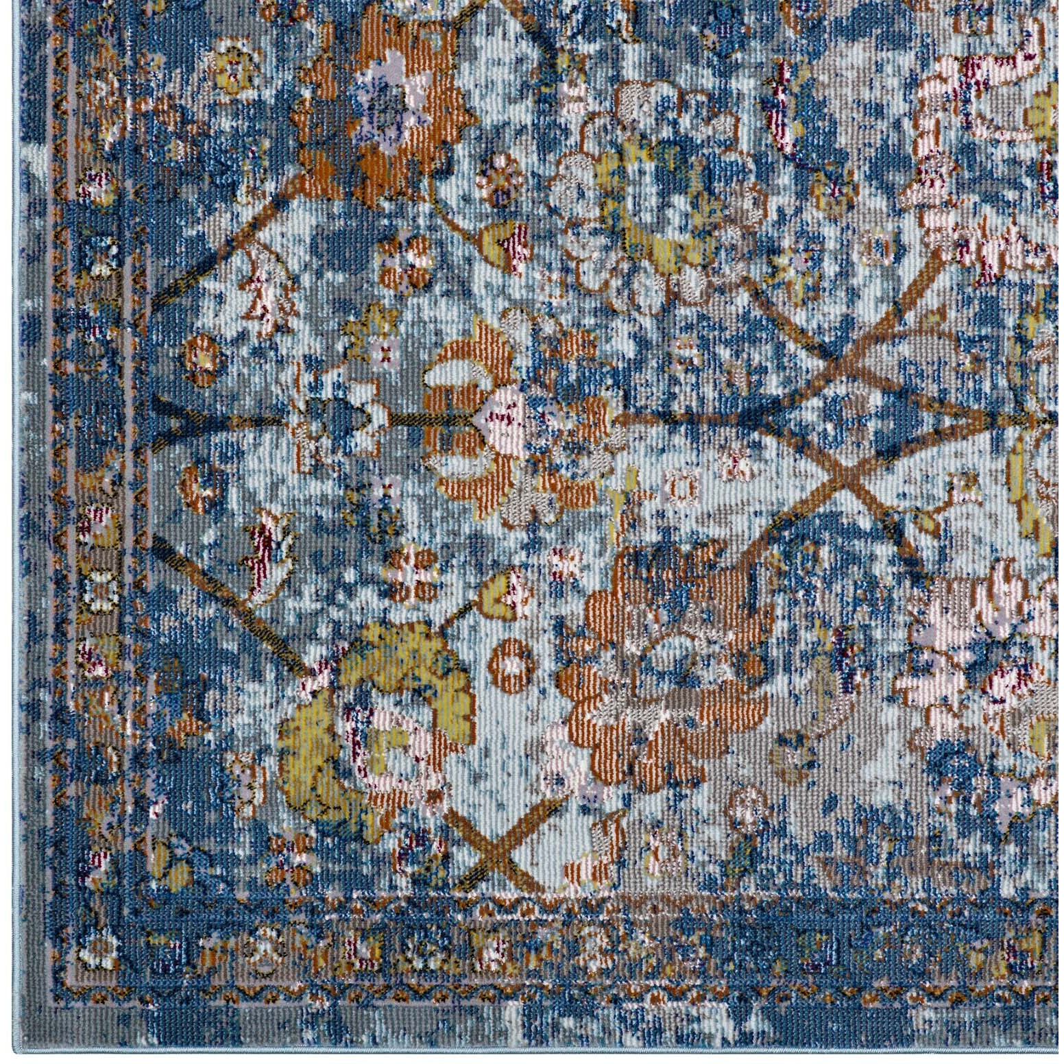 Minu Distressed Floral Lattice 5x8 Area Rug - Blue Gray, Yellow and Orange