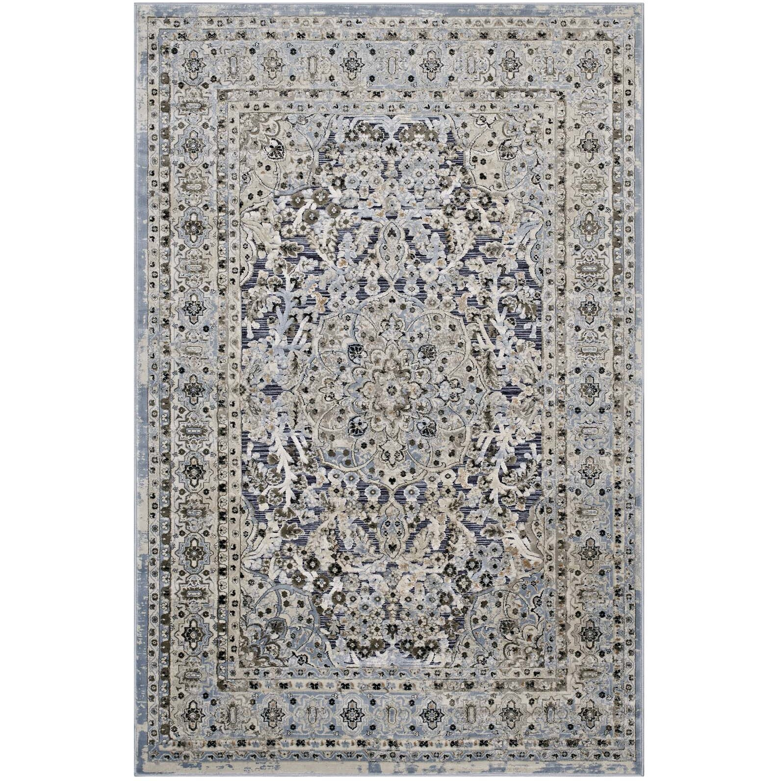 Elqenna Ornate Vintage Floral Turkish 5x8 Area Rug - Blue and Cream