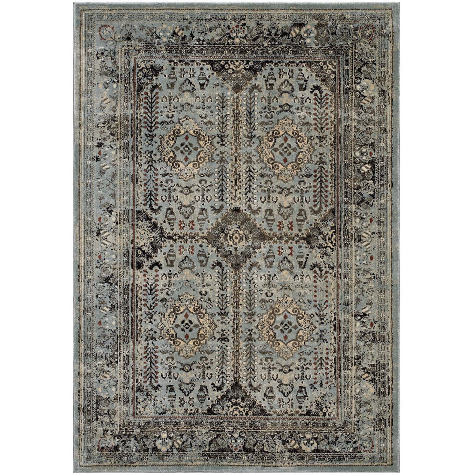 Enye Distressed Vintage Floral Lattice 5x8 Area Rug - Brown and Silver Blue