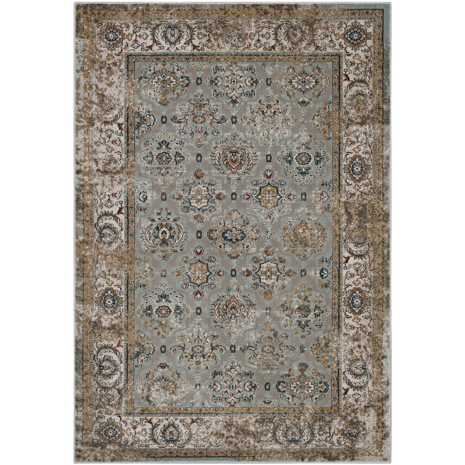 Hisa Distressed Vintage Floral Lattice 5x8 Area Rug - Silver Blue, Beige and Brown